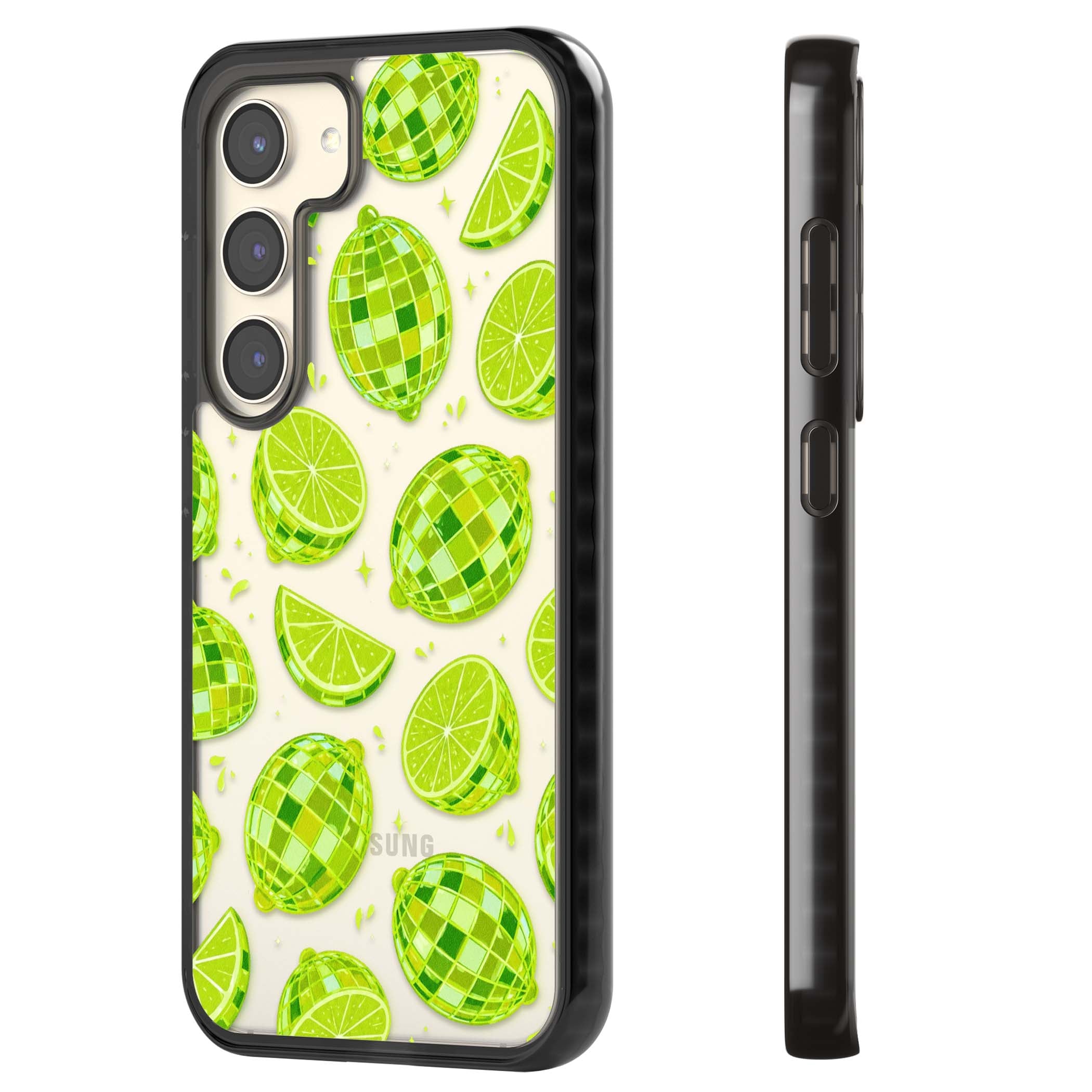 Disco Limes fruit aesthetic iPhone case featuring green disco balls, lime slices and citrus sparkles | Black Impact case for Samsung Galaxy S24, Samsung Galaxy S23, Samsung Galaxy S22