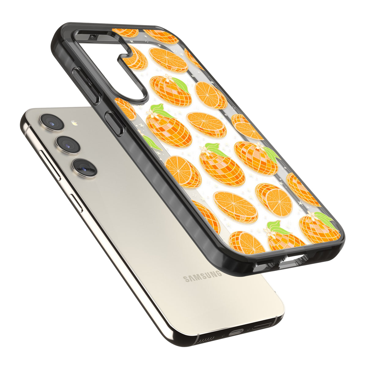 Disco Oranges Samsung S22 / Samsung S22 Plus / Samsung S23 / Samsung S23 Plus / Samsung S24 / Samsung S24 Plus Impact Black Phone Case angled