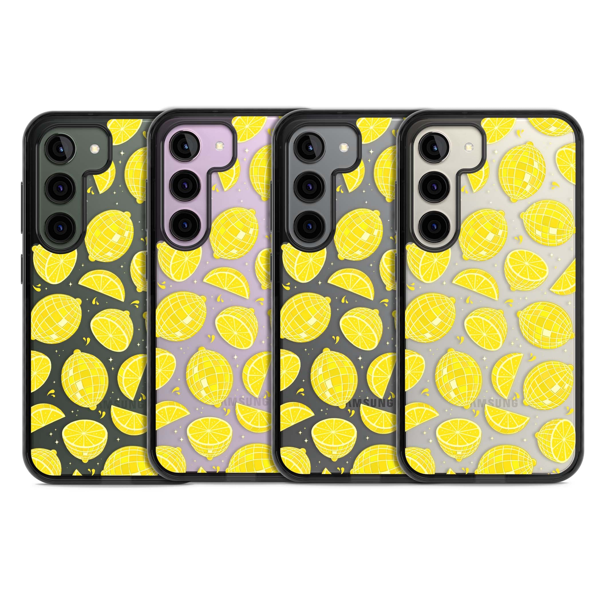 Disco Lemons citrus iPhone case featuring mirrorball lemons, sliced fruit and sparkle accents | Black Impact case for Samsung Galaxy S24, Samsung Galaxy S23, Samsung Galaxy S22