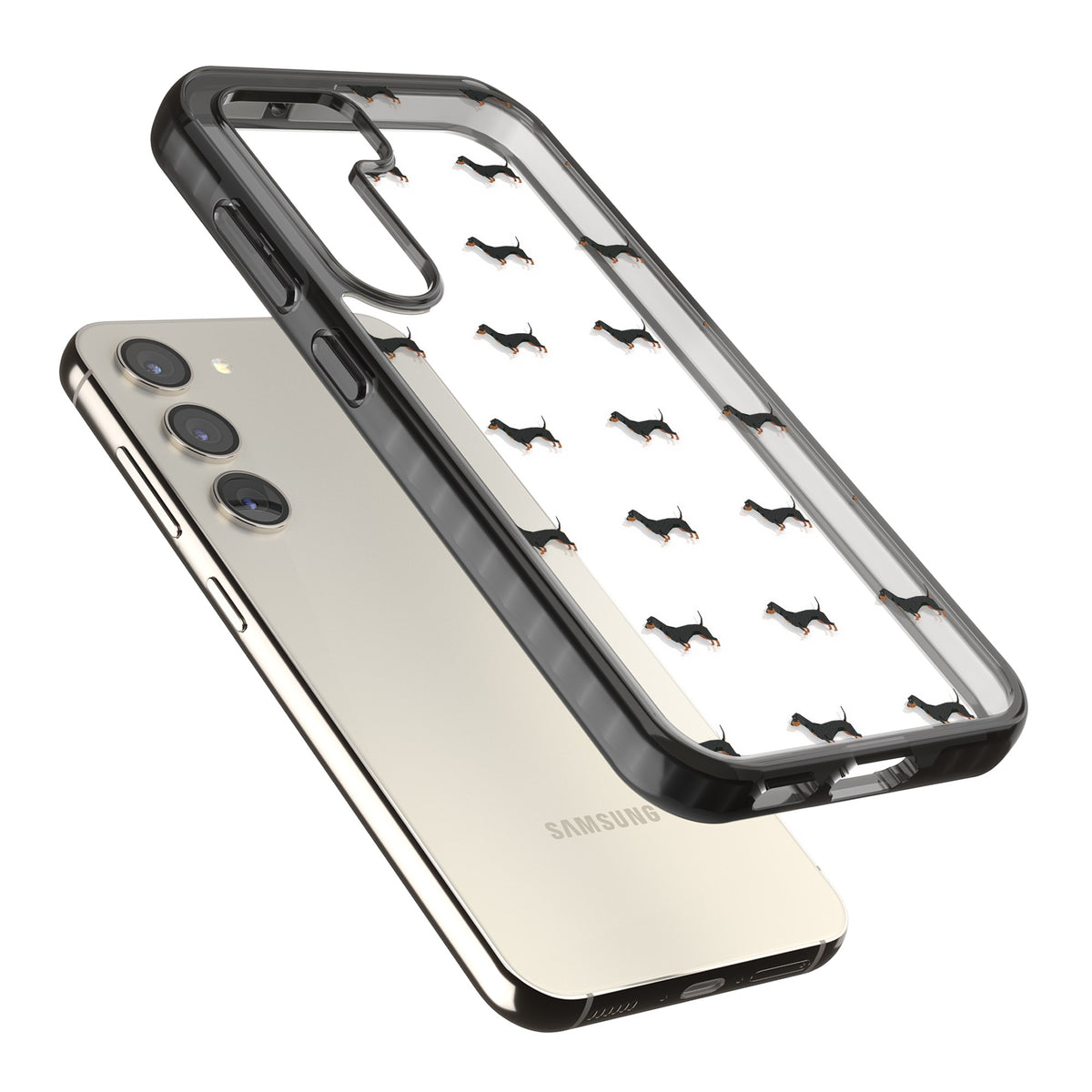 Dachshund Pattern Clear Samsung S22 / Samsung S22 Plus / Samsung S23 / Samsung S23 Plus / Samsung S24 / Samsung S24 Plus Impact Black Phone Case angled