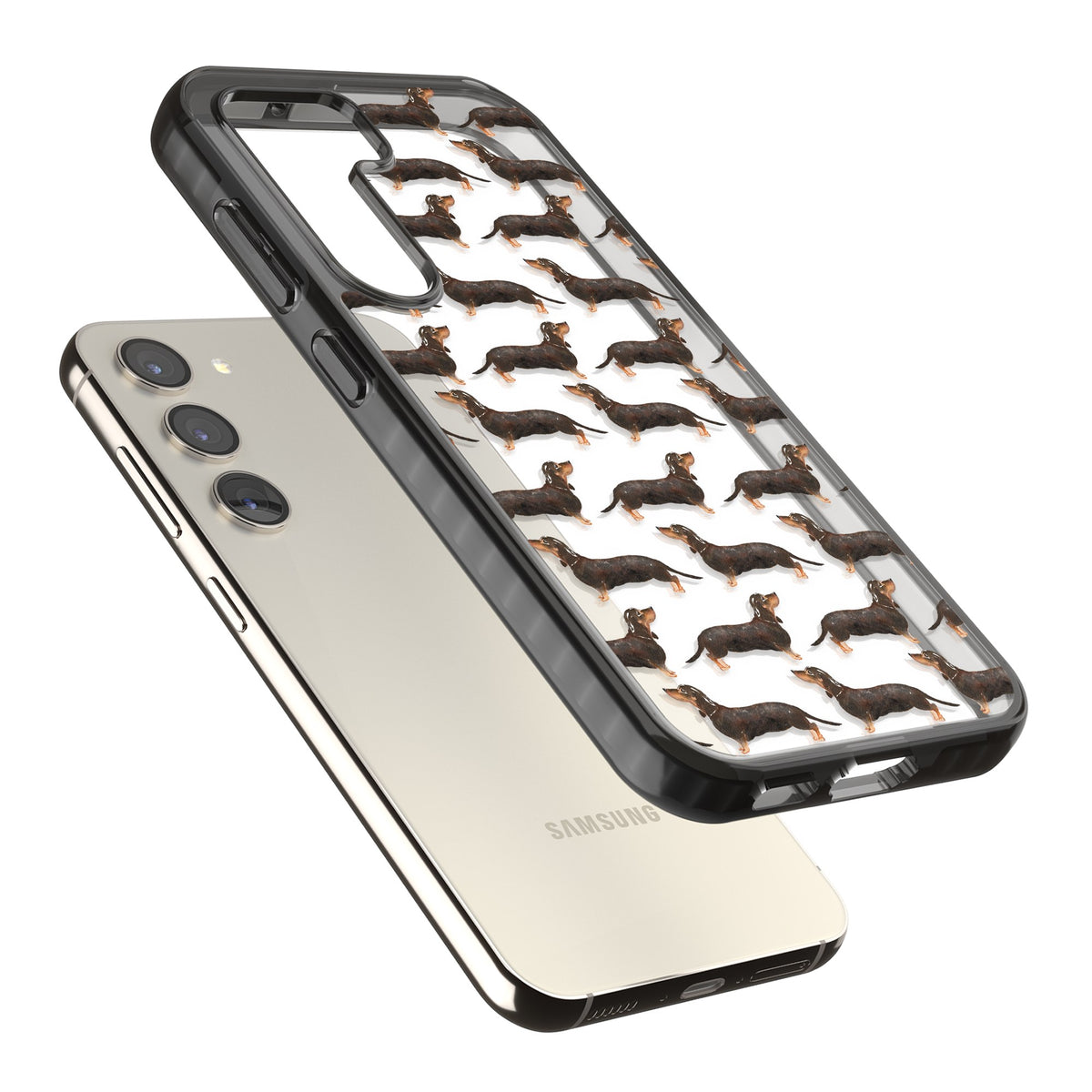Dachshund Pattern Black Tan Samsung S22 / Samsung S22 Plus / Samsung S23 / Samsung S23 Plus / Samsung S24 / Samsung S24 Plus Impact Black Phone Case angled