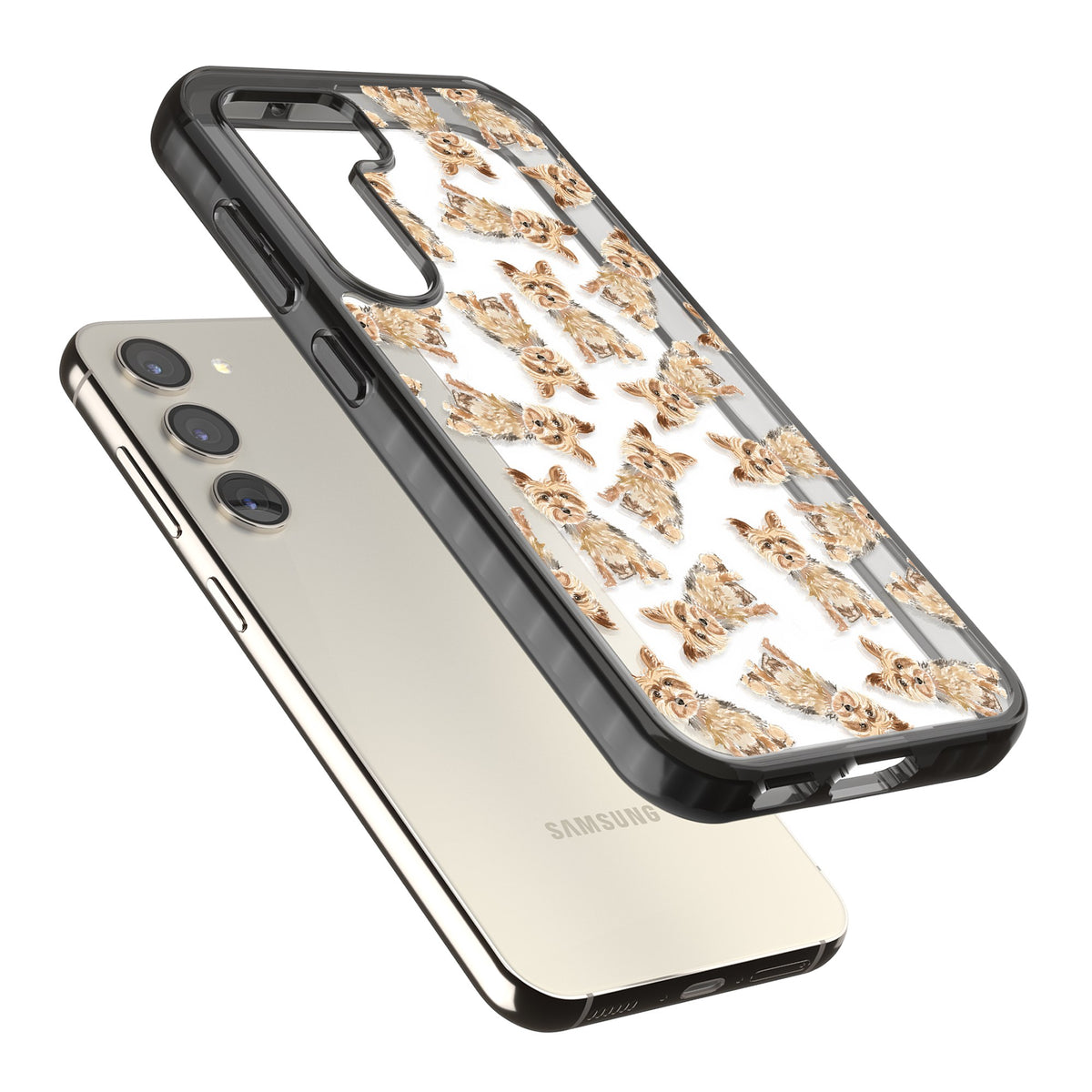 Yorkshire Terrier Dog Pattern Samsung S22 / Samsung S22 Plus / Samsung S23 / Samsung S23 Plus / Samsung S24 / Samsung S24 Plus Impact Black Phone Case angled
