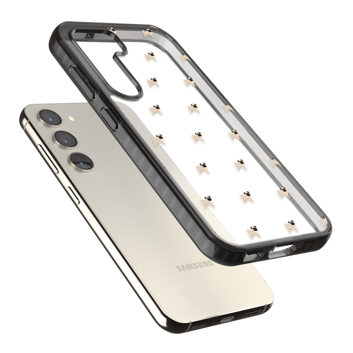 Pug Pattern Samsung S22 / Samsung S22 Plus / Samsung S23 / Samsung S23 Plus / Samsung S24 / Samsung S24 Plus Impact Black Phone Case angled
