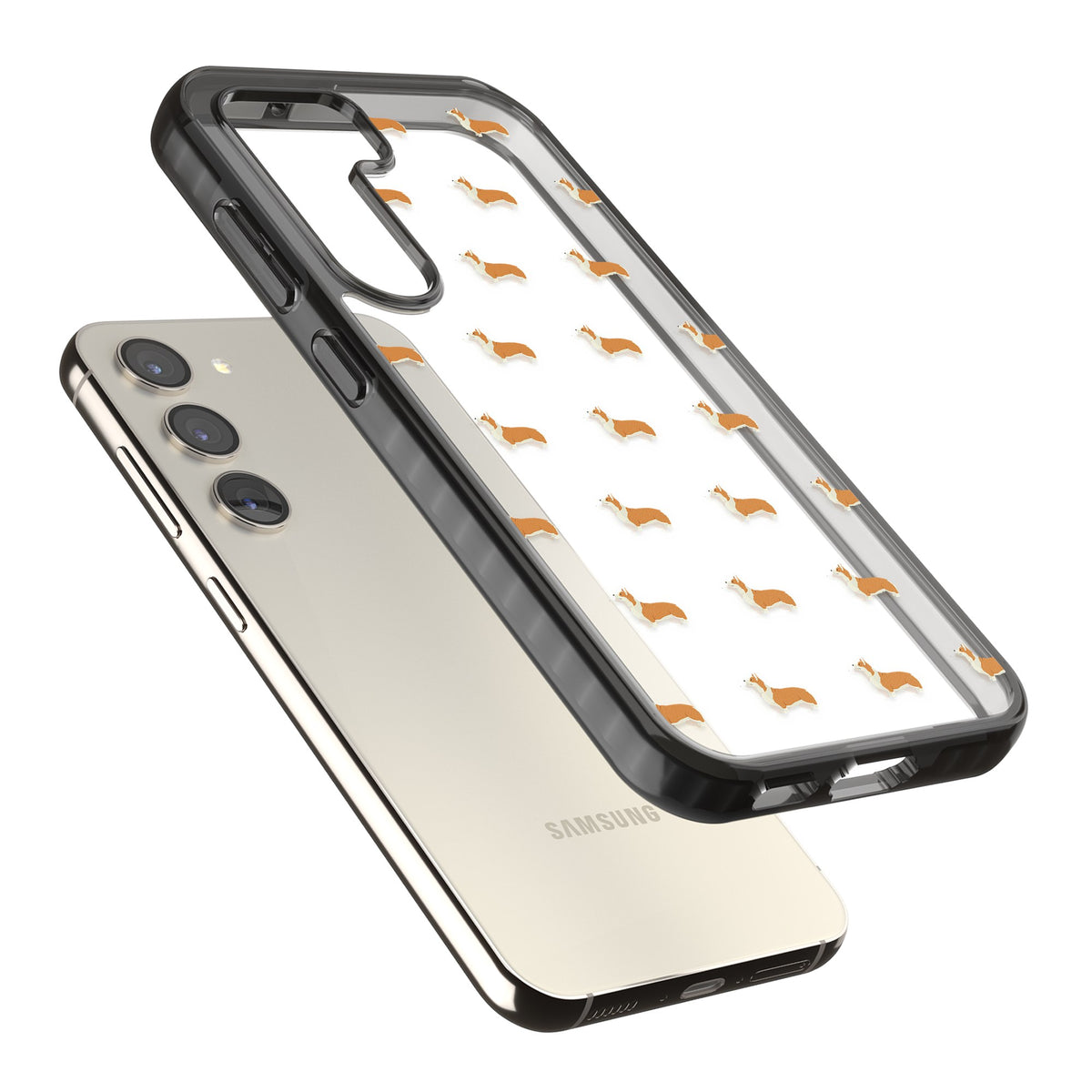 Pembroke Welsh Corgi Pattern Samsung S22 / Samsung S22 Plus / Samsung S23 / Samsung S23 Plus / Samsung S24 / Samsung S24 Plus Impact Black Phone Case angled