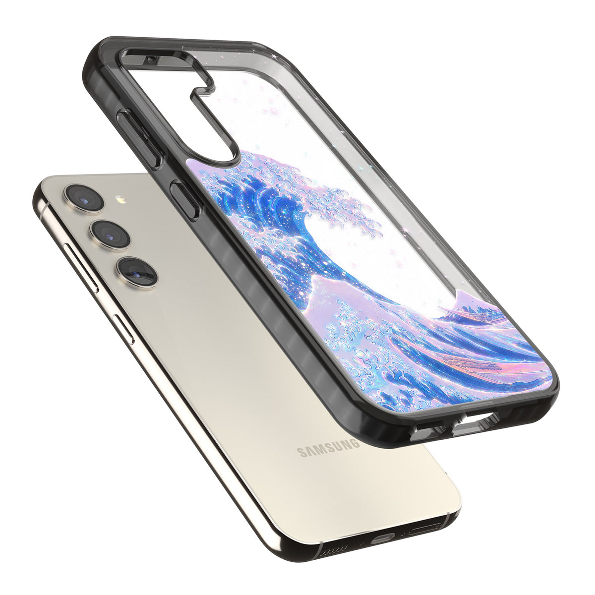 The Great Wave In Opal Samsung S22 / Samsung S22 Plus / Samsung S23 / Samsung S23 Plus / Samsung S24 / Samsung S24 Plus Impact Black Phone Case angled
