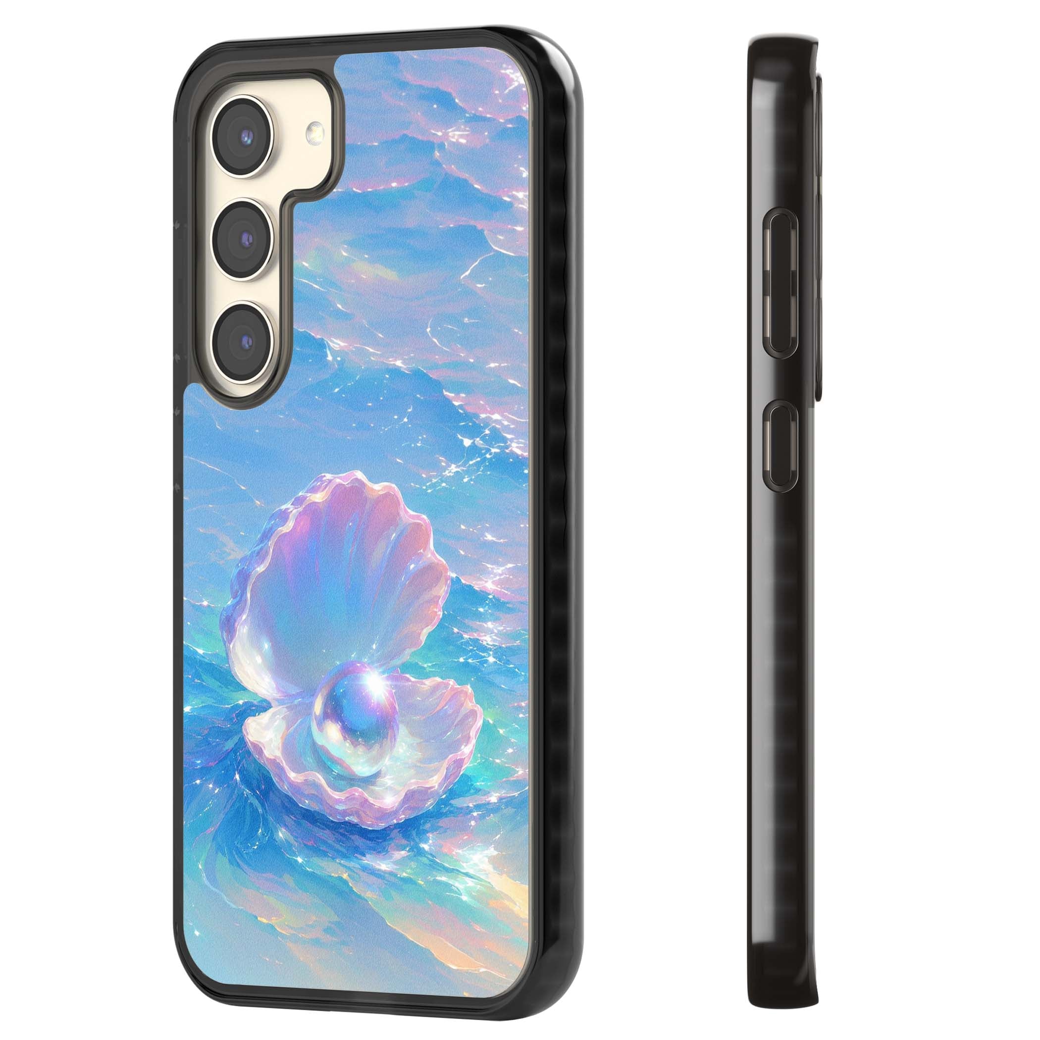 The Pearl Clam mermaidcore iPhone case featuring iridescent seashell, glowing pearl and pastel ocean waves | Black Impact case for Samsung Galaxy S24, Samsung Galaxy S23, Samsung Galaxy S22