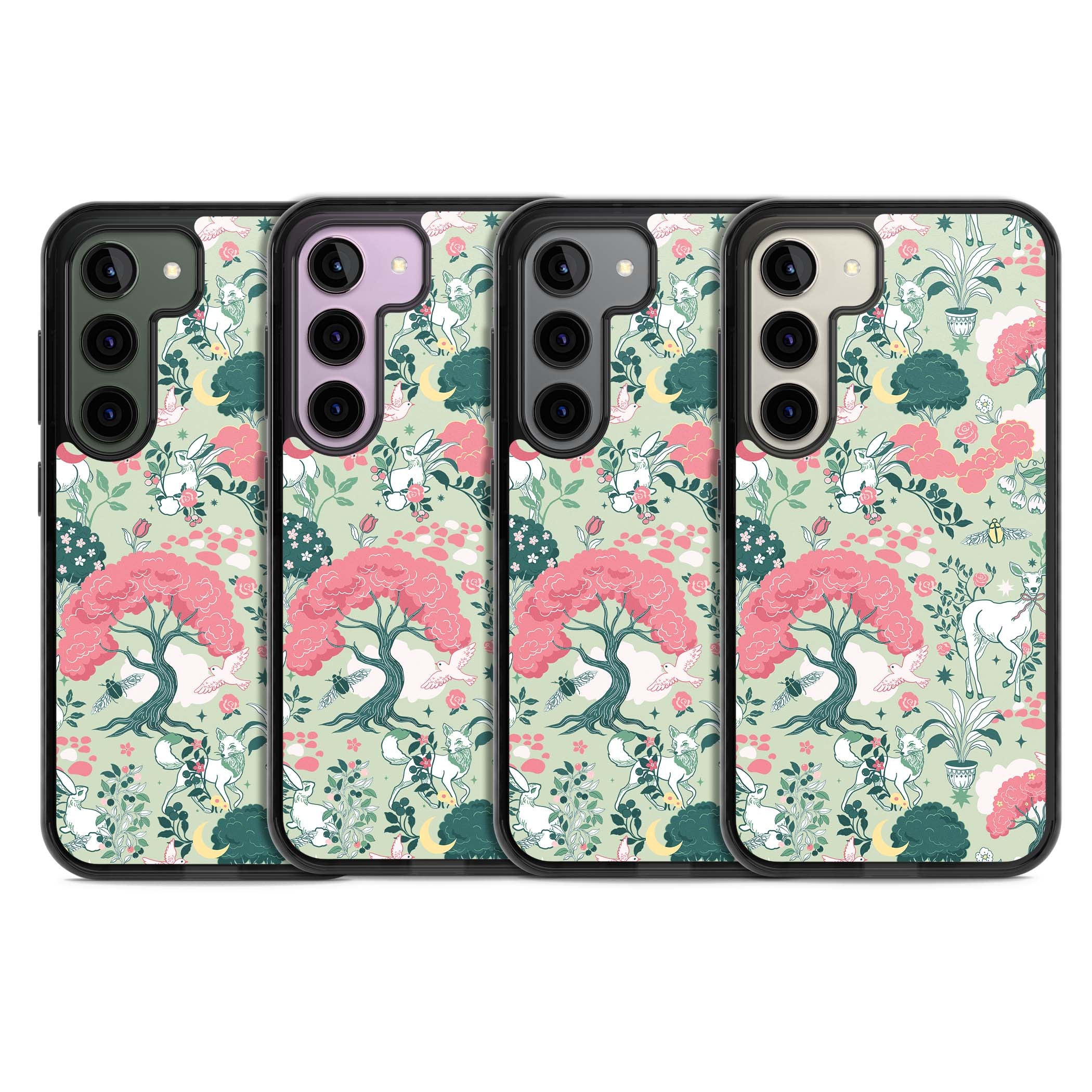 Enchanted Woodland cottagecore iPhone case featuring white deer, pink roses, mushrooms and woodland animals on sage green | Black Impact case for Samsung Galaxy S24, Samsung Galaxy S23, Samsung Galaxy S22