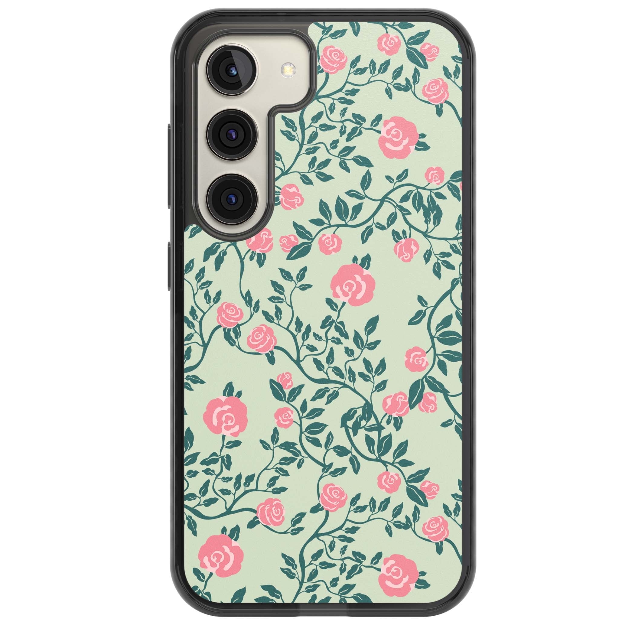 Rose Trellis cottagecore iPhone case featuring pink roses, sage green vines, and mint background | Black Impact case for Samsung Galaxy S24, Samsung Galaxy S23, Samsung Galaxy S22