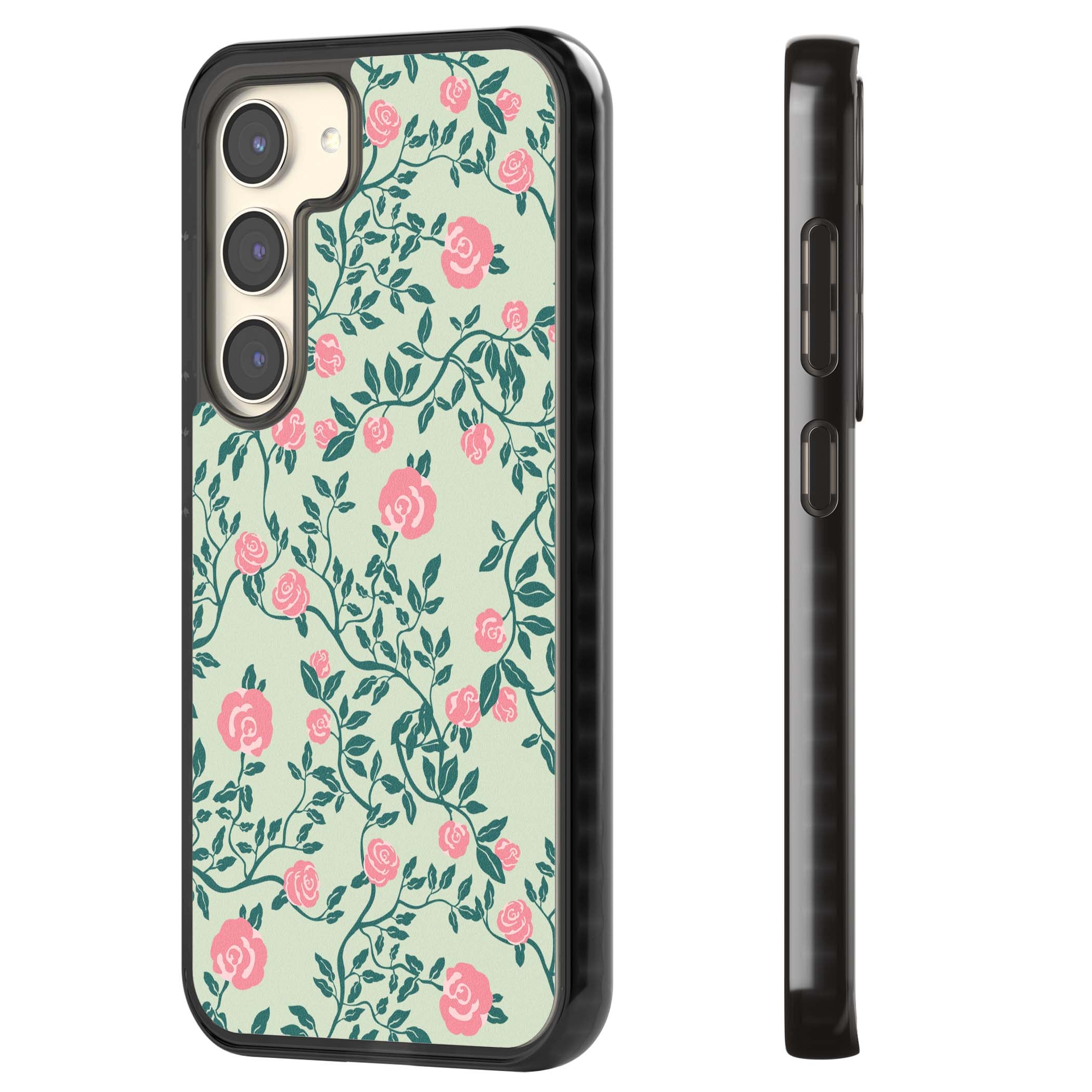 Rose Trellis cottagecore iPhone case featuring pink roses, sage green vines, and mint background | Black Impact case for Samsung Galaxy S24, Samsung Galaxy S23, Samsung Galaxy S22