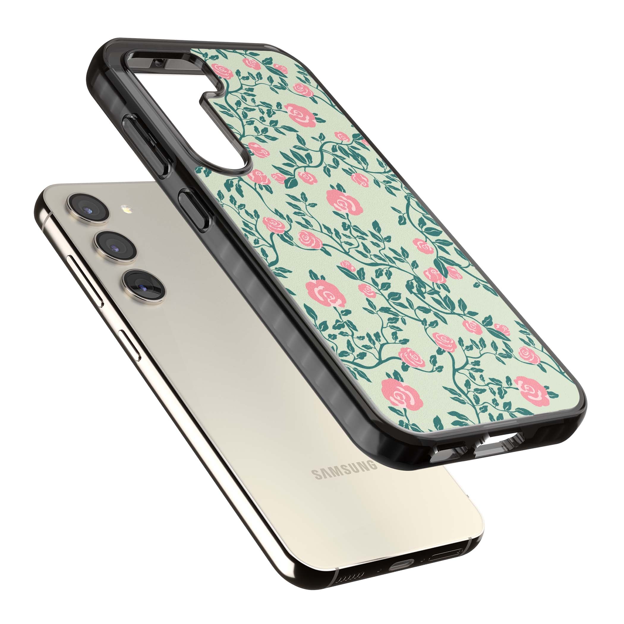 Rose Trellis cottagecore iPhone case featuring pink roses, sage green vines, and mint background | Black Impact case for Samsung Galaxy S24, Samsung Galaxy S23, Samsung Galaxy S22