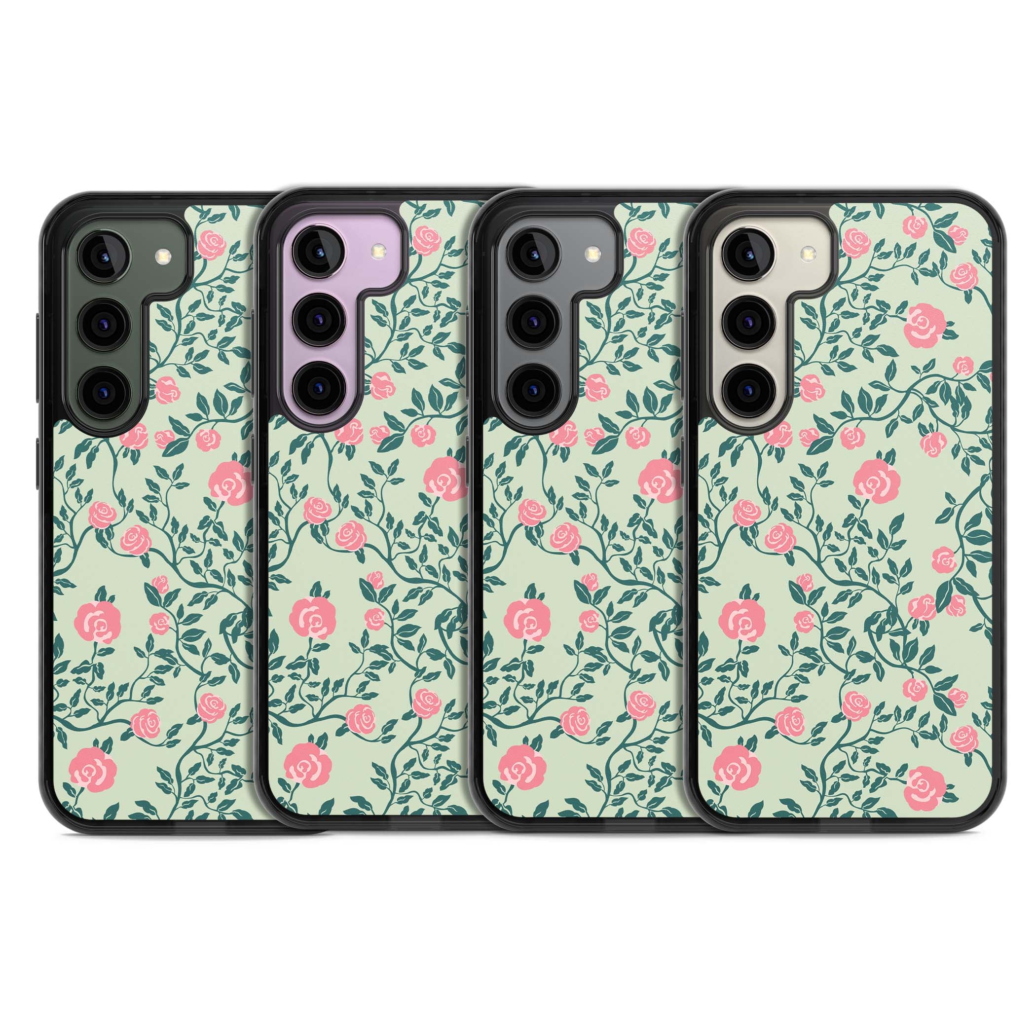 Rose Trellis cottagecore iPhone case featuring pink roses, sage green vines, and mint background | Black Impact case for Samsung Galaxy S24, Samsung Galaxy S23, Samsung Galaxy S22