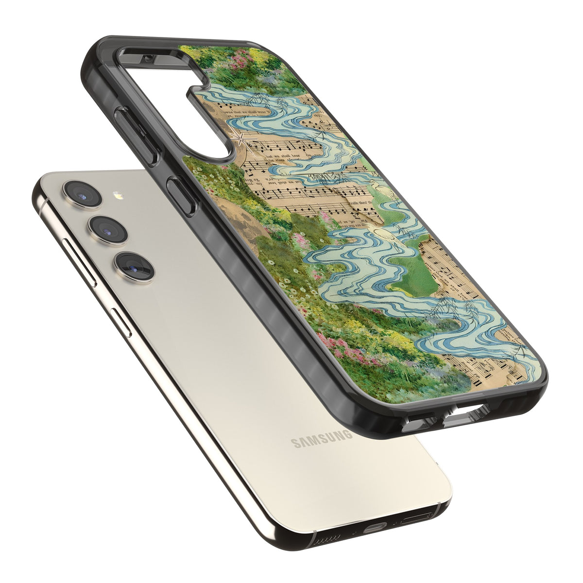 Musical River Samsung S22 / Samsung S22 Plus / Samsung S23 / Samsung S23 Plus / Samsung S24 / Samsung S24 Plus Impact Black Phone Case angled