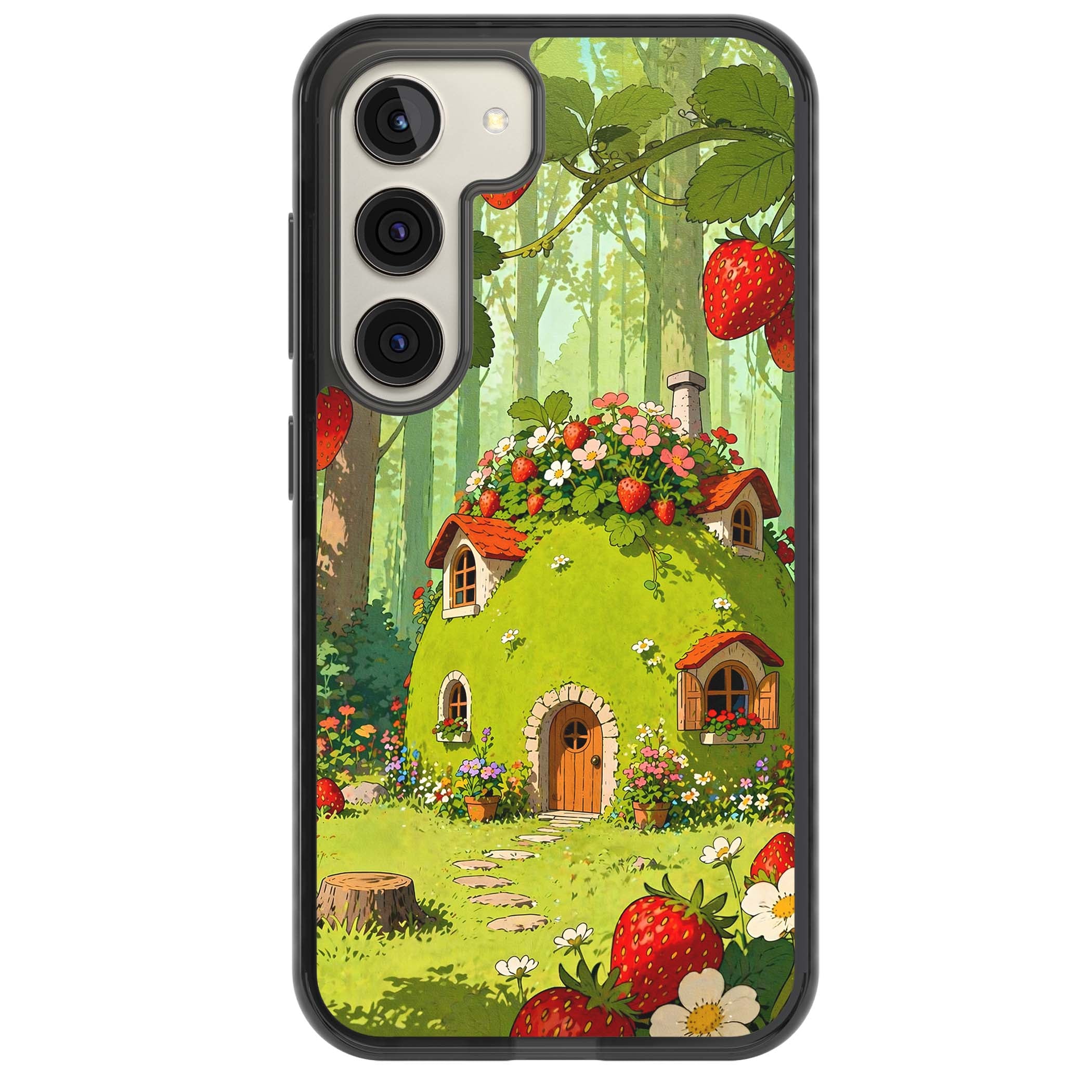 Strawberry Cottage cottagecore iPhone case featuring a green fairy house, wild strawberries and enchanted forest flowers | Black Impact case for Samsung Galaxy S24, Samsung Galaxy S23, Samsung Galaxy S22