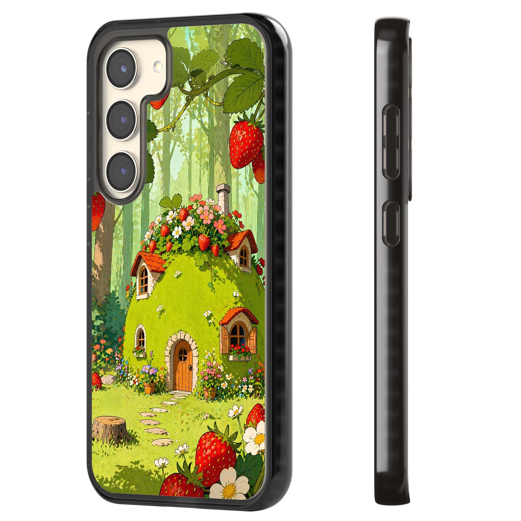 Strawberry Cottage cottagecore iPhone case featuring a green fairy house, wild strawberries and enchanted forest flowers | Black Impact case for Samsung Galaxy S24, Samsung Galaxy S23, Samsung Galaxy S22