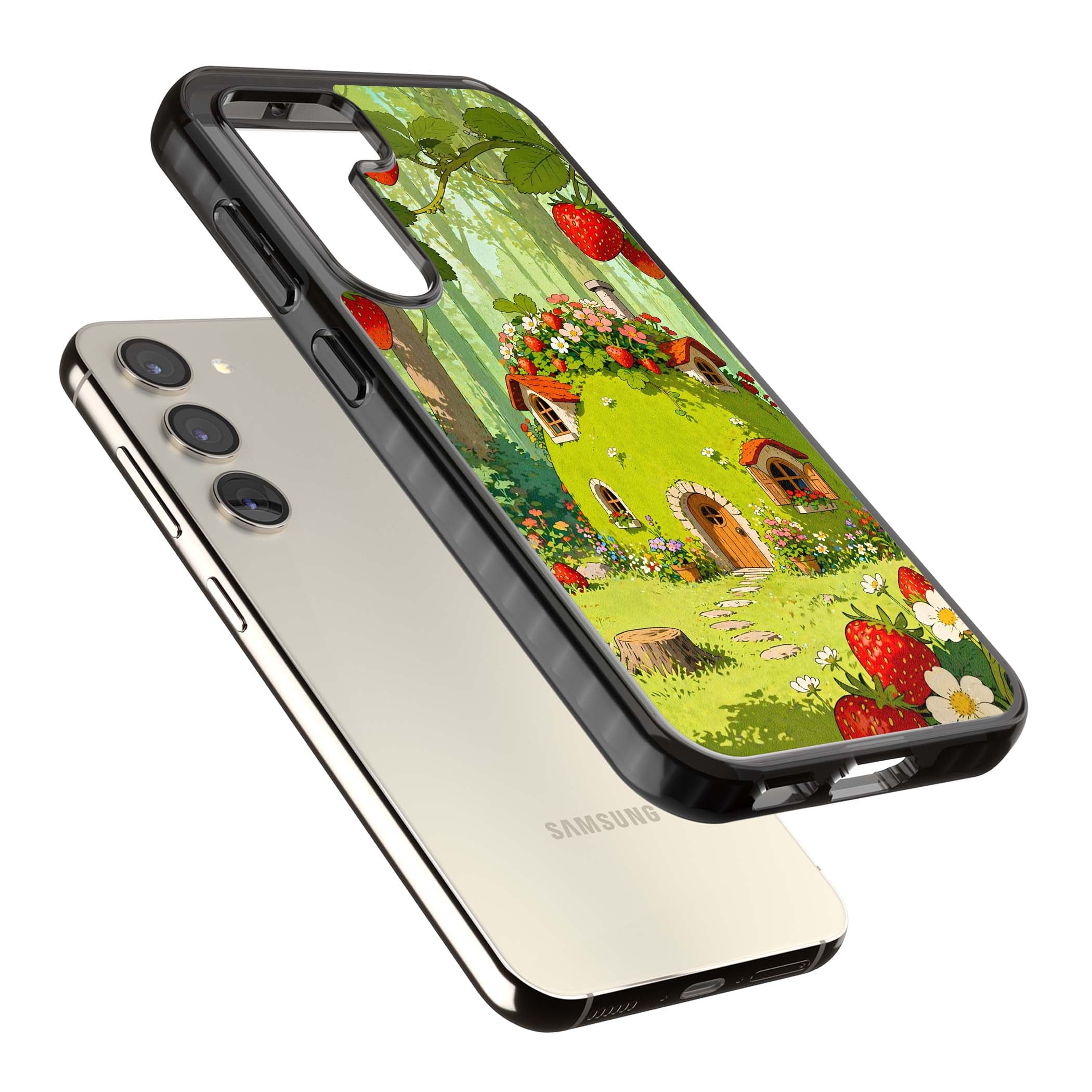 Strawberry Cottage cottagecore iPhone case featuring a green fairy house, wild strawberries and enchanted forest flowers | Black Impact case for Samsung Galaxy S24, Samsung Galaxy S23, Samsung Galaxy S22