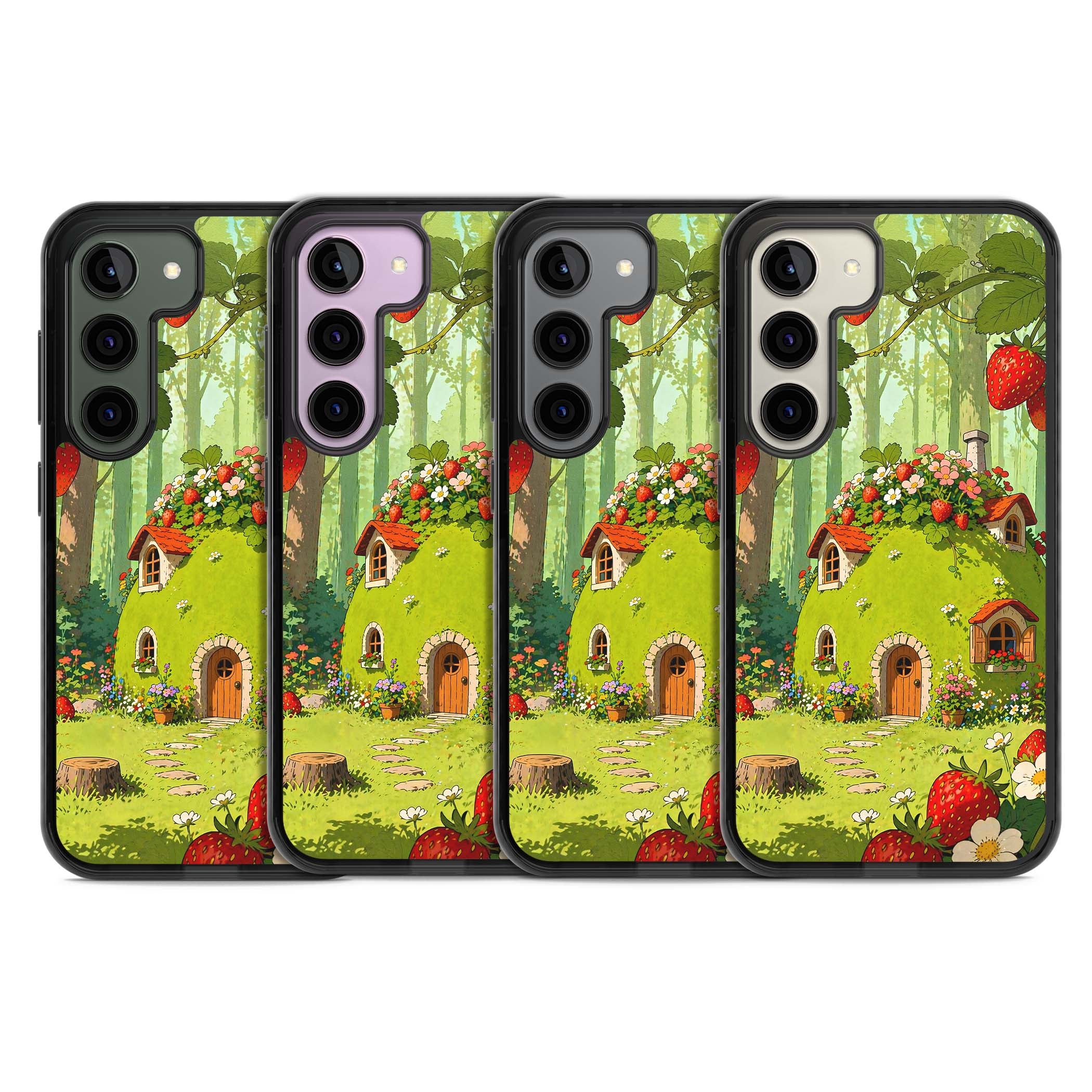 Strawberry Cottage cottagecore iPhone case featuring a green fairy house, wild strawberries and enchanted forest flowers | Black Impact case for Samsung Galaxy S24, Samsung Galaxy S23, Samsung Galaxy S22