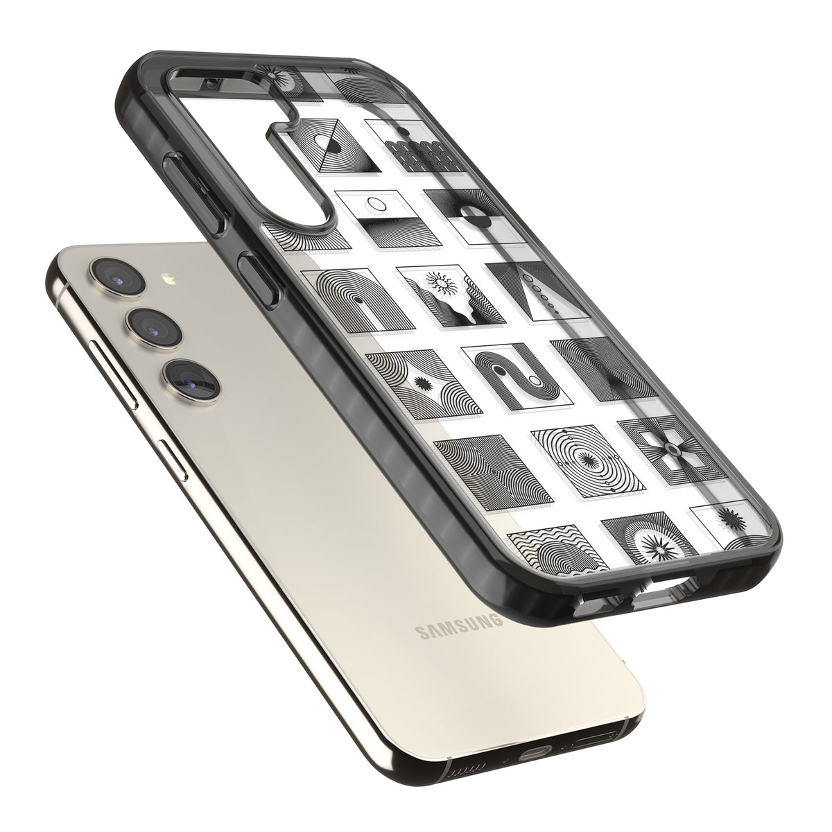 Abstract Geometric Samsung S22 / Samsung S22 Plus / Samsung S23 / Samsung S23 Plus / Samsung S24 / Samsung S24 Plus Impact Black Phone Case angled