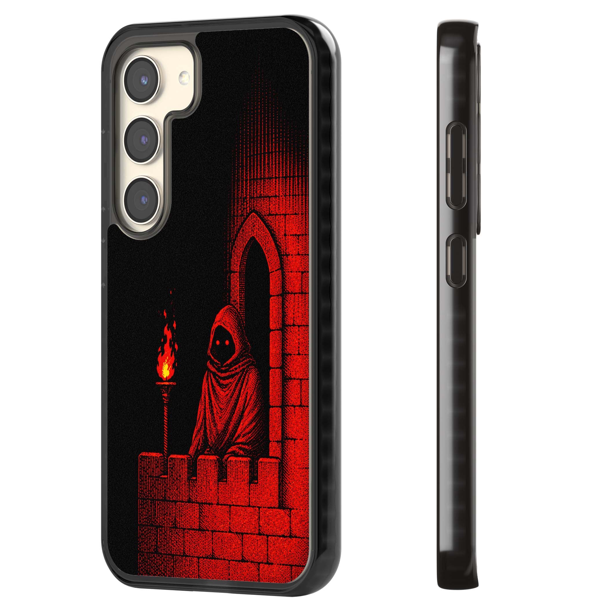 Crimson Crypt gothic iPhone case featuring a hooded reaper, torchlit crypt archway and red halftone horror art | Black Impact case for Samsung Galaxy S24, Samsung Galaxy S23, Samsung Galaxy S22