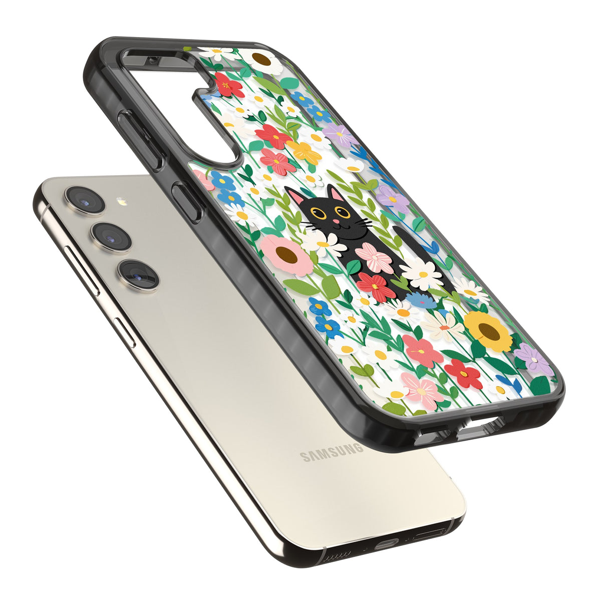 Whiskers & Wildflowers Samsung S22 / Samsung S22 Plus / Samsung S23 / Samsung S23 Plus / Samsung S24 / Samsung S24 Plus Impact Black Phone Case angled
