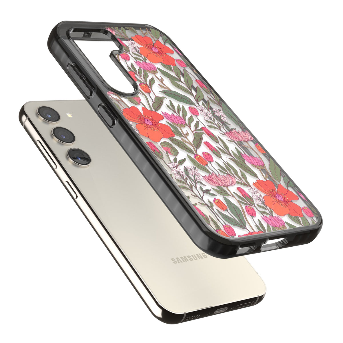 Peachy Floral Samsung S22 / Samsung S22 Plus / Samsung S23 / Samsung S23 Plus / Samsung S24 / Samsung S24 Plus Impact Black Phone Case angled