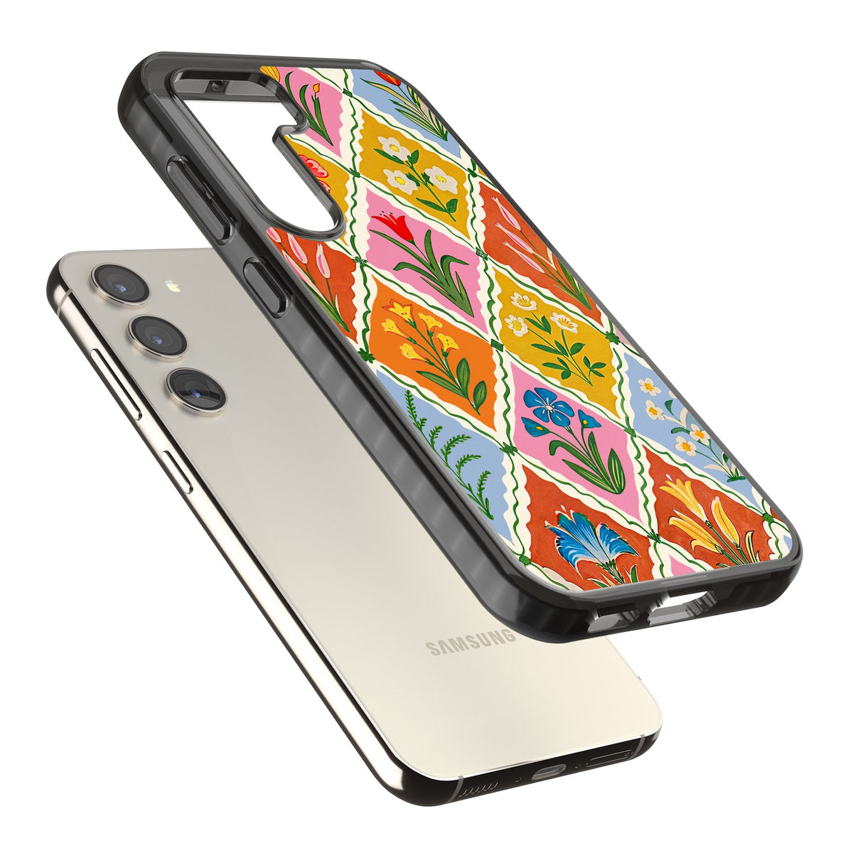 Floral Quilt Samsung S22 / Samsung S22 Plus / Samsung S23 / Samsung S23 Plus / Samsung S24 / Samsung S24 Plus Impact Black Phone Case angled