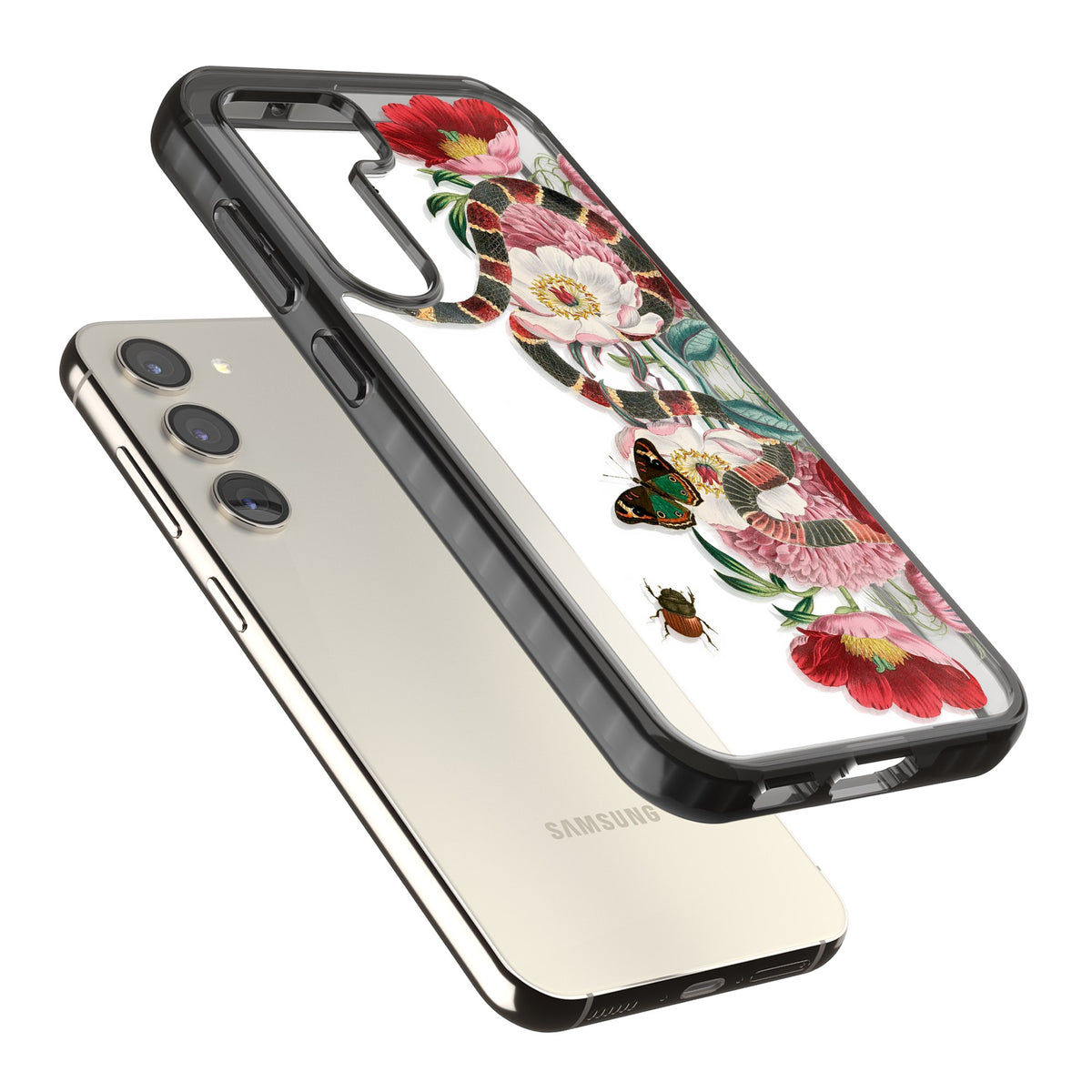 Floral Snake Samsung S22 / Samsung S22 Plus / Samsung S23 / Samsung S23 Plus / Samsung S24 / Samsung S24 Plus Impact Black Phone Case angled