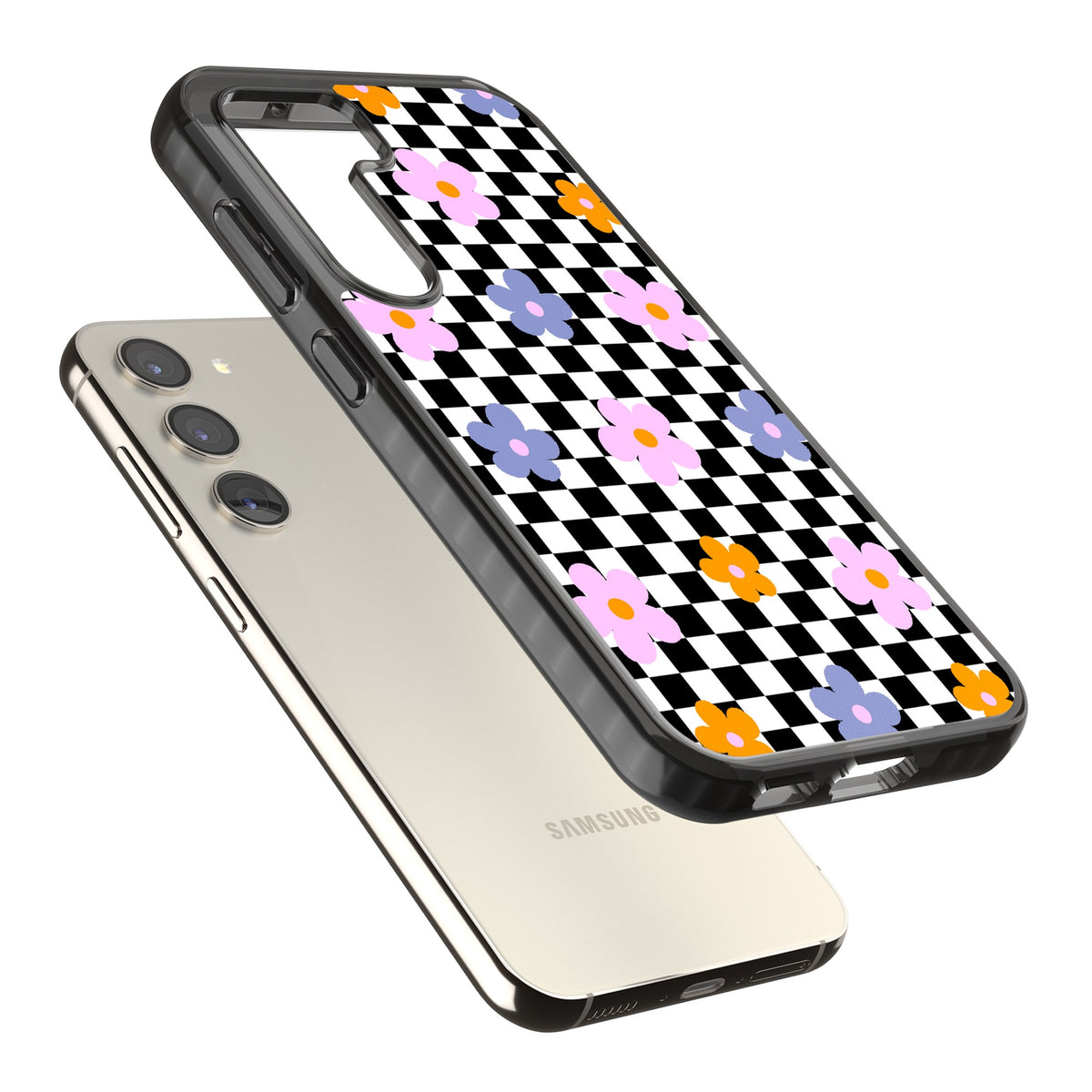 Checkered Blossom Samsung S22 / Samsung S22 Plus / Samsung S23 / Samsung S23 Plus / Samsung S24 / Samsung S24 Plus Impact Black Phone Case angled