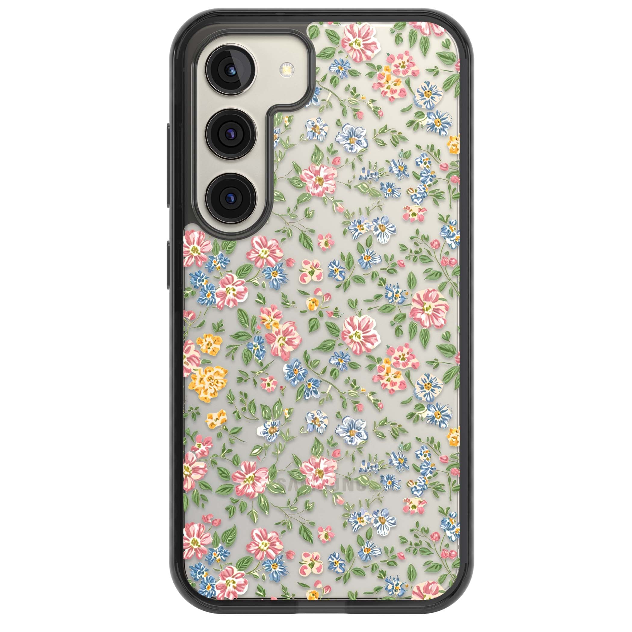 Soft Meadow cottagecore iPhone case featuring pink cosmos, blue forget-me-nots, yellow buttercups and green leaves sca | Black Impact case for Samsung Galaxy S24, Samsung Galaxy S23, Samsung Galaxy S22