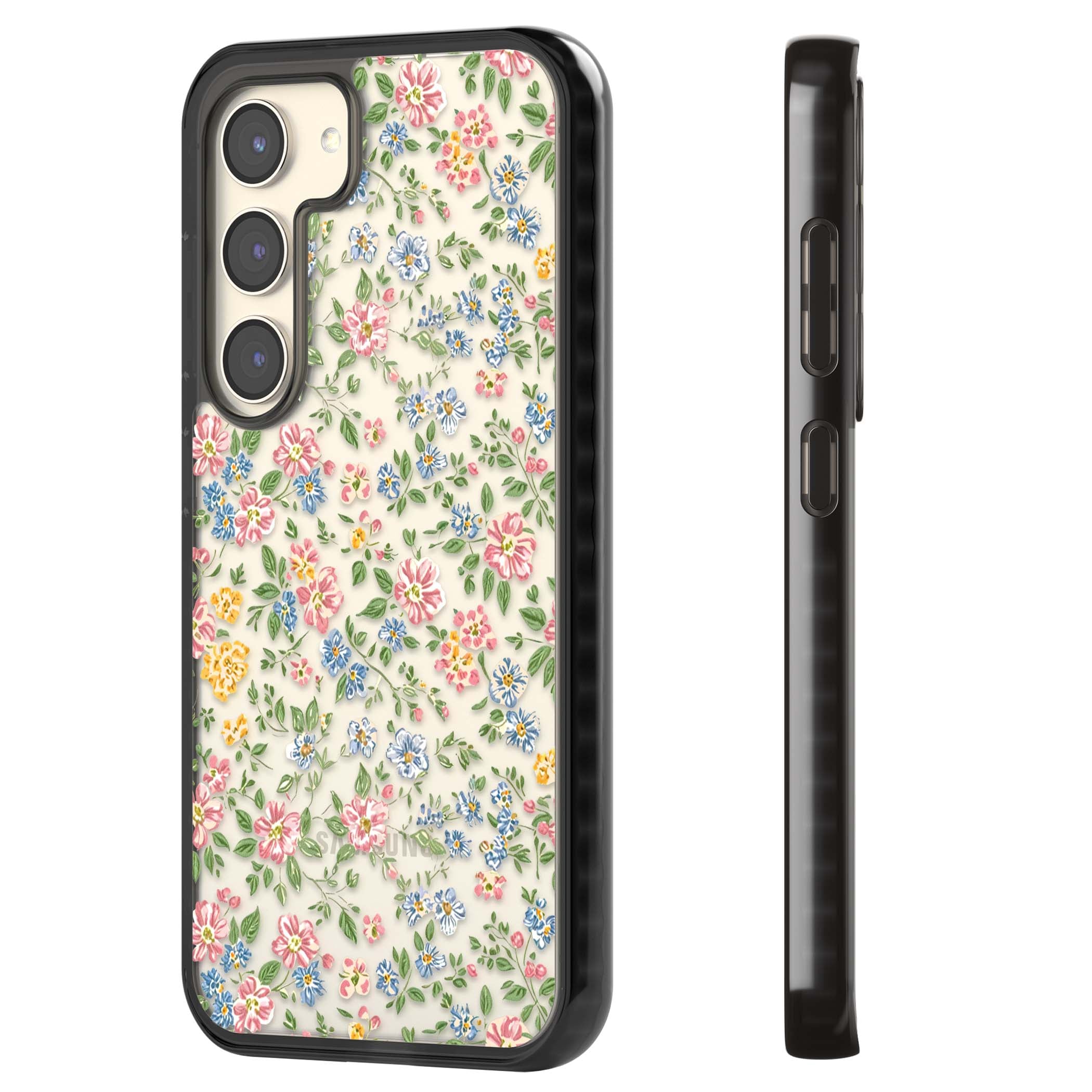 Soft Meadow cottagecore iPhone case featuring pink cosmos, blue forget-me-nots, yellow buttercups and green leaves sca | Black Impact case for Samsung Galaxy S24, Samsung Galaxy S23, Samsung Galaxy S22