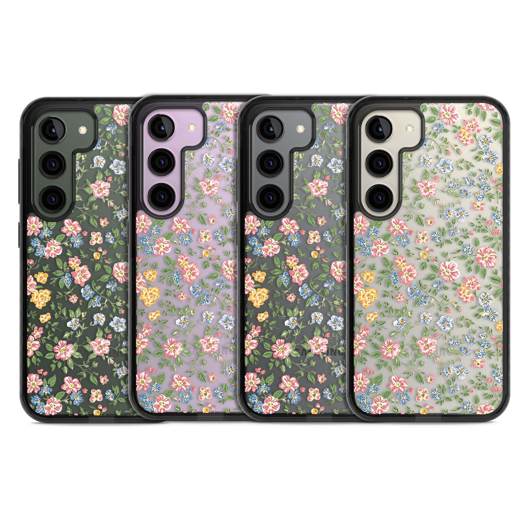Soft Meadow cottagecore iPhone case featuring pink cosmos, blue forget-me-nots, yellow buttercups and green leaves sca | Black Impact case for Samsung Galaxy S24, Samsung Galaxy S23, Samsung Galaxy S22
