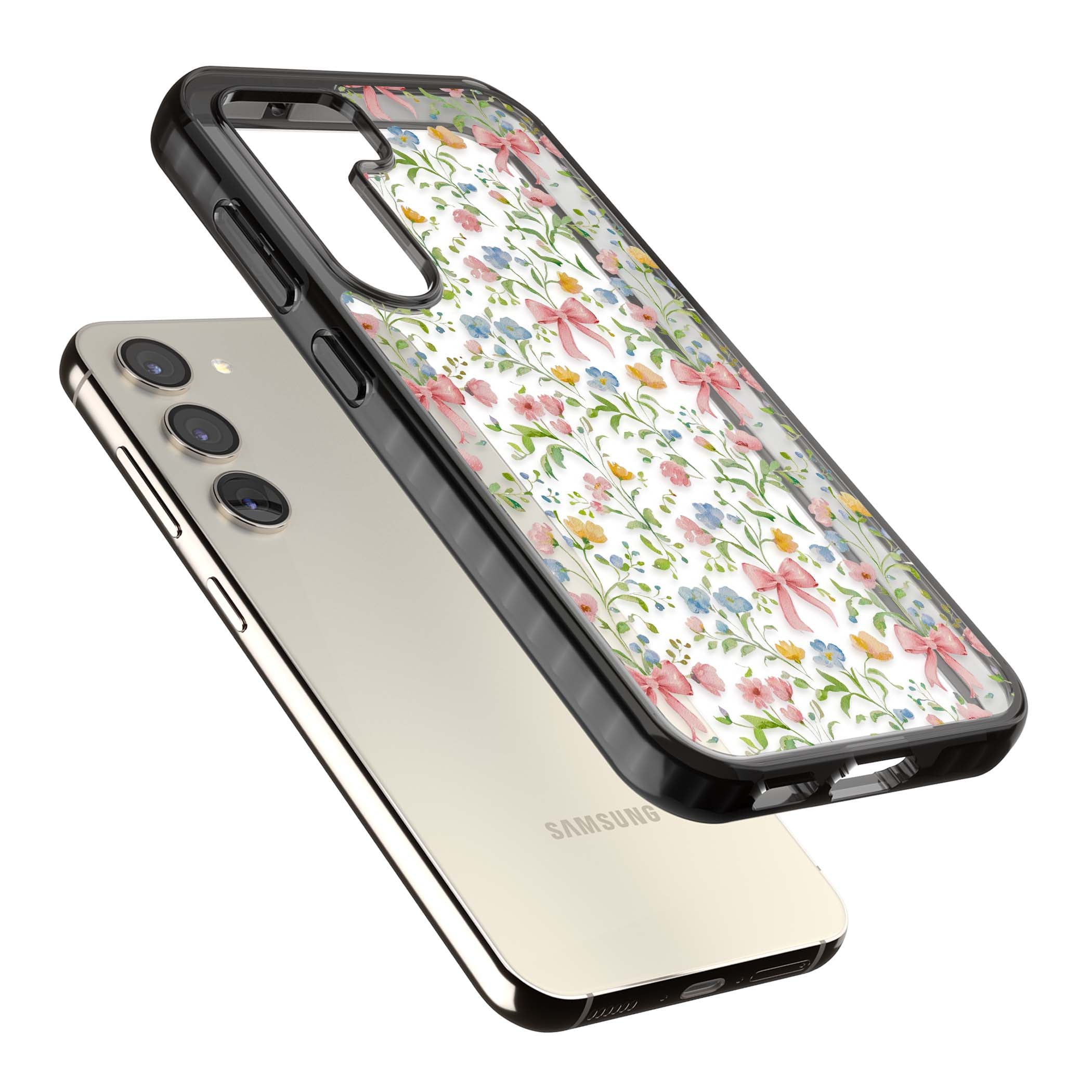 Ribbons & Wildflowers cottagecore iPhone case featuring watercolor wildflowers, pink satin bows, and delicate spring blooms o | Black Impact case for Samsung Galaxy S24, Samsung Galaxy S23, Samsung Galaxy S22