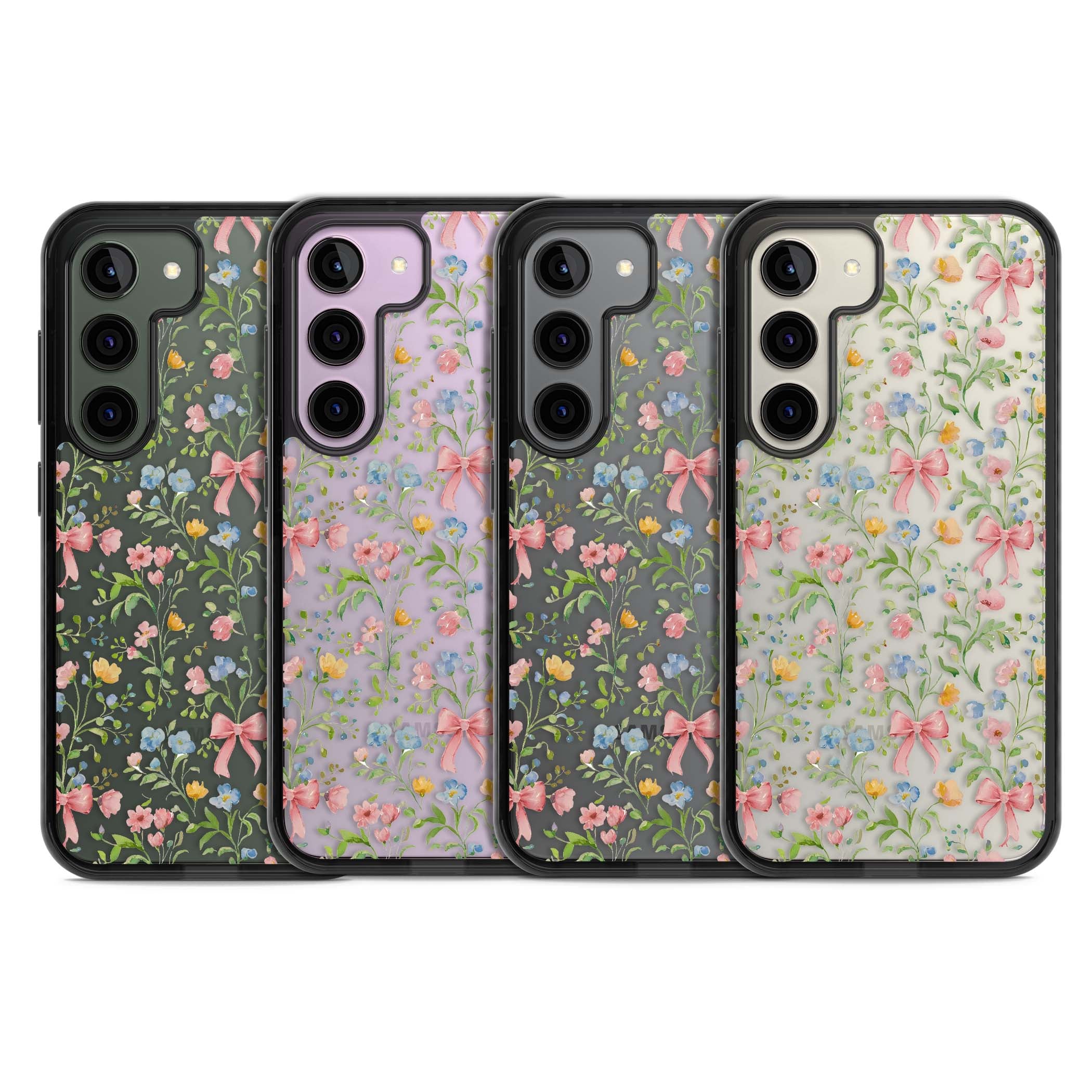 Ribbons & Wildflowers cottagecore iPhone case featuring watercolor wildflowers, pink satin bows, and delicate spring blooms o | Black Impact case for Samsung Galaxy S24, Samsung Galaxy S23, Samsung Galaxy S22