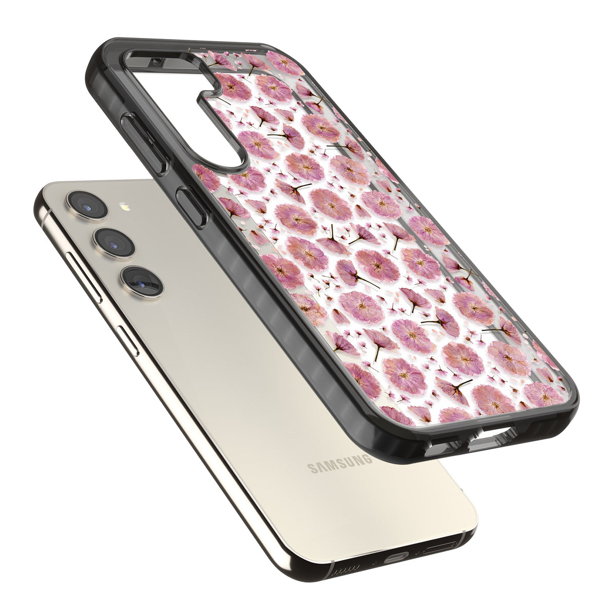 Pink Florals & Blossom Samsung S22 / Samsung S22 Plus / Samsung S23 / Samsung S23 Plus / Samsung S24 / Samsung S24 Plus Impact Black Phone Case angled