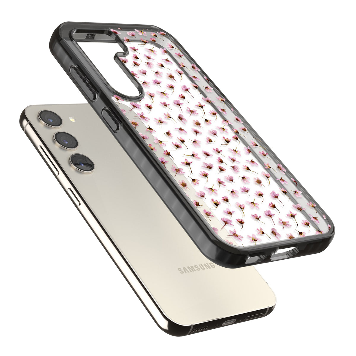 Cherry Flower Mist Samsung S22 / Samsung S22 Plus / Samsung S23 / Samsung S23 Plus / Samsung S24 / Samsung S24 Plus Impact Black Phone Case angled