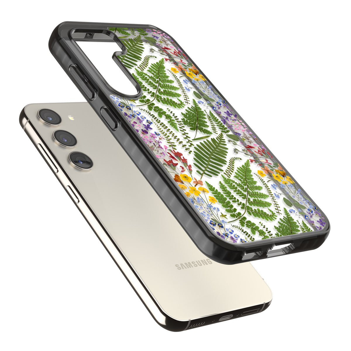 Botanical Fern & Floral Samsung S22 / Samsung S22 Plus / Samsung S23 / Samsung S23 Plus / Samsung S24 / Samsung S24 Plus Impact Black Phone Case angled