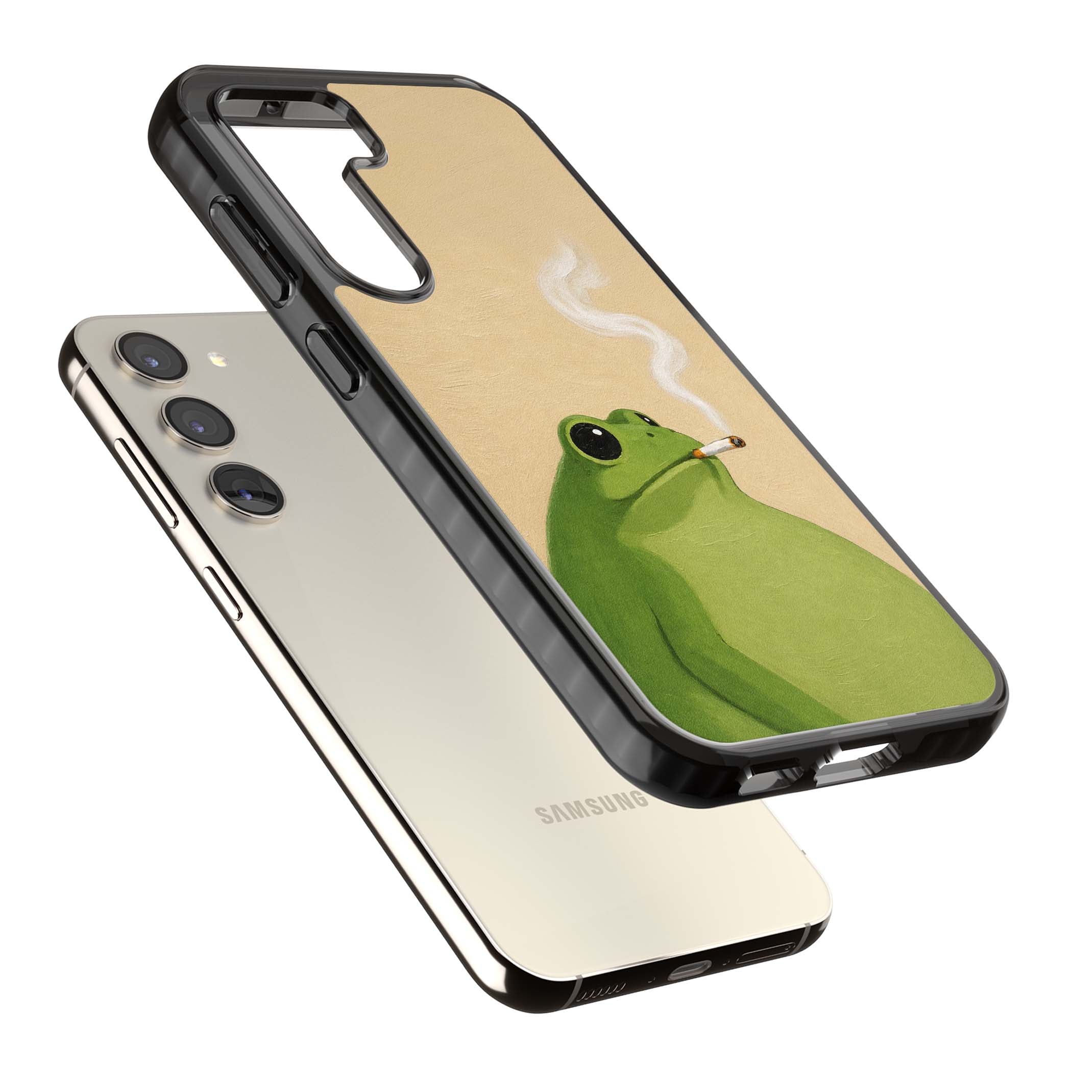 The Smoking Frog cottagecore iPhone case featuring a hand-painted green frog smoking a cigarette on a cream oil painting back | Black Impact case for Samsung Galaxy S24, Samsung Galaxy S23, Samsung Galaxy S22