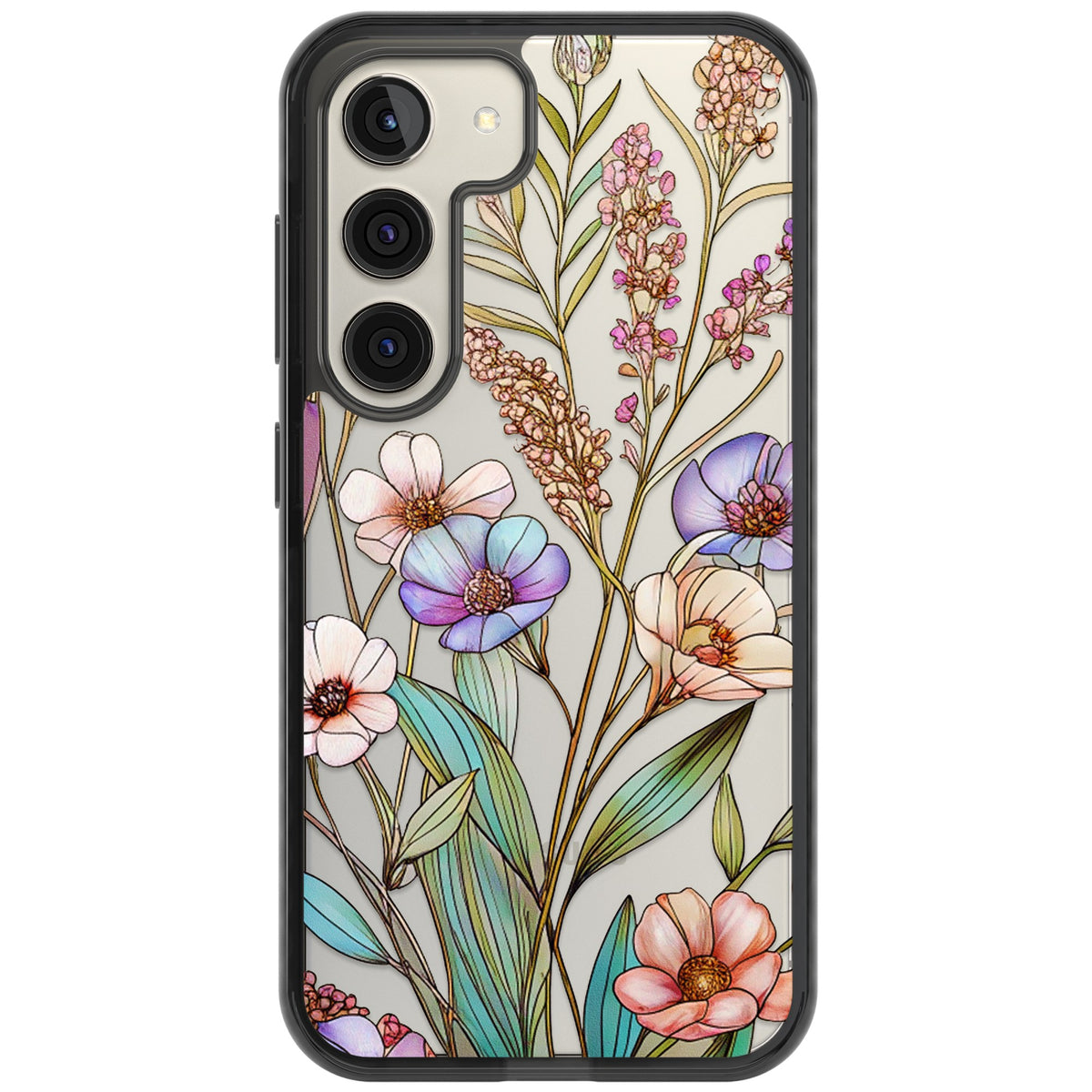 Glass Summer Flowers Samsung S22 / Samsung S22 Plus / Samsung S23 / Samsung S23 Plus / Samsung S24 / Samsung S24 Plus Impact Black Phone Case front
