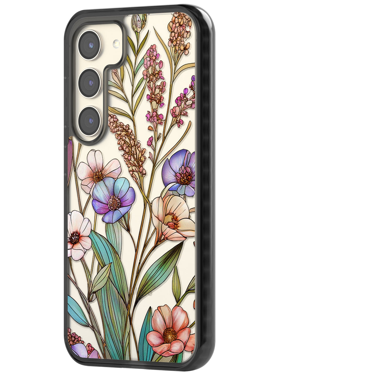 Glass Summer Flowers Samsung S22 / Samsung S22 Plus / Samsung S23 / Samsung S23 Plus / Samsung S24 / Samsung S24 Plus Impact Black Phone Case side