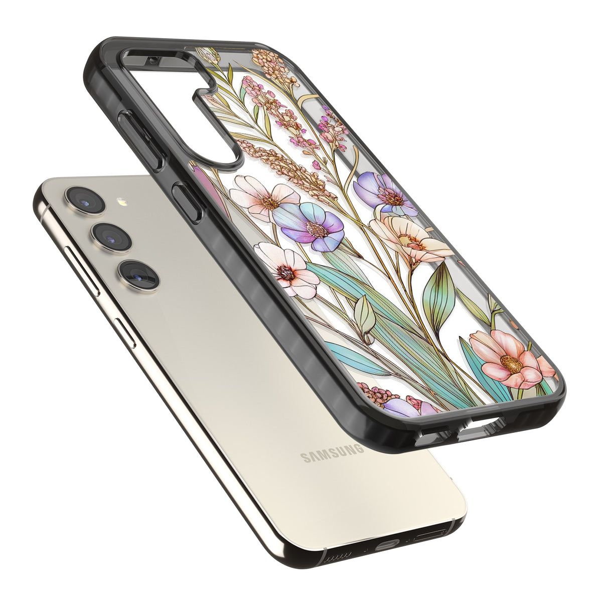 Glass Summer Flowers Samsung S22 / Samsung S22 Plus / Samsung S23 / Samsung S23 Plus / Samsung S24 / Samsung S24 Plus Impact Black Phone Case angled