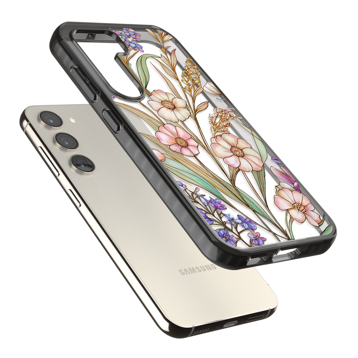 Glass Spring Flowers Samsung S22 / Samsung S22 Plus / Samsung S23 / Samsung S23 Plus / Samsung S24 / Samsung S24 Plus Impact Black Phone Case angled