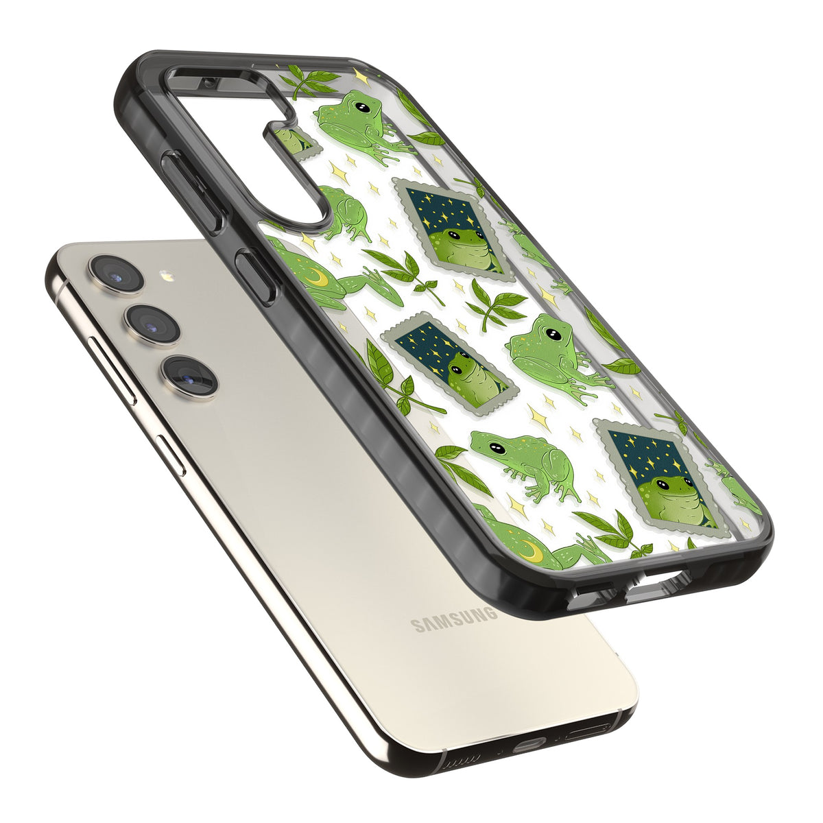 Starry Frog Stamps Samsung S22 / Samsung S22 Plus / Samsung S23 / Samsung S23 Plus / Samsung S24 / Samsung S24 Plus Impact Black Phone Case angled