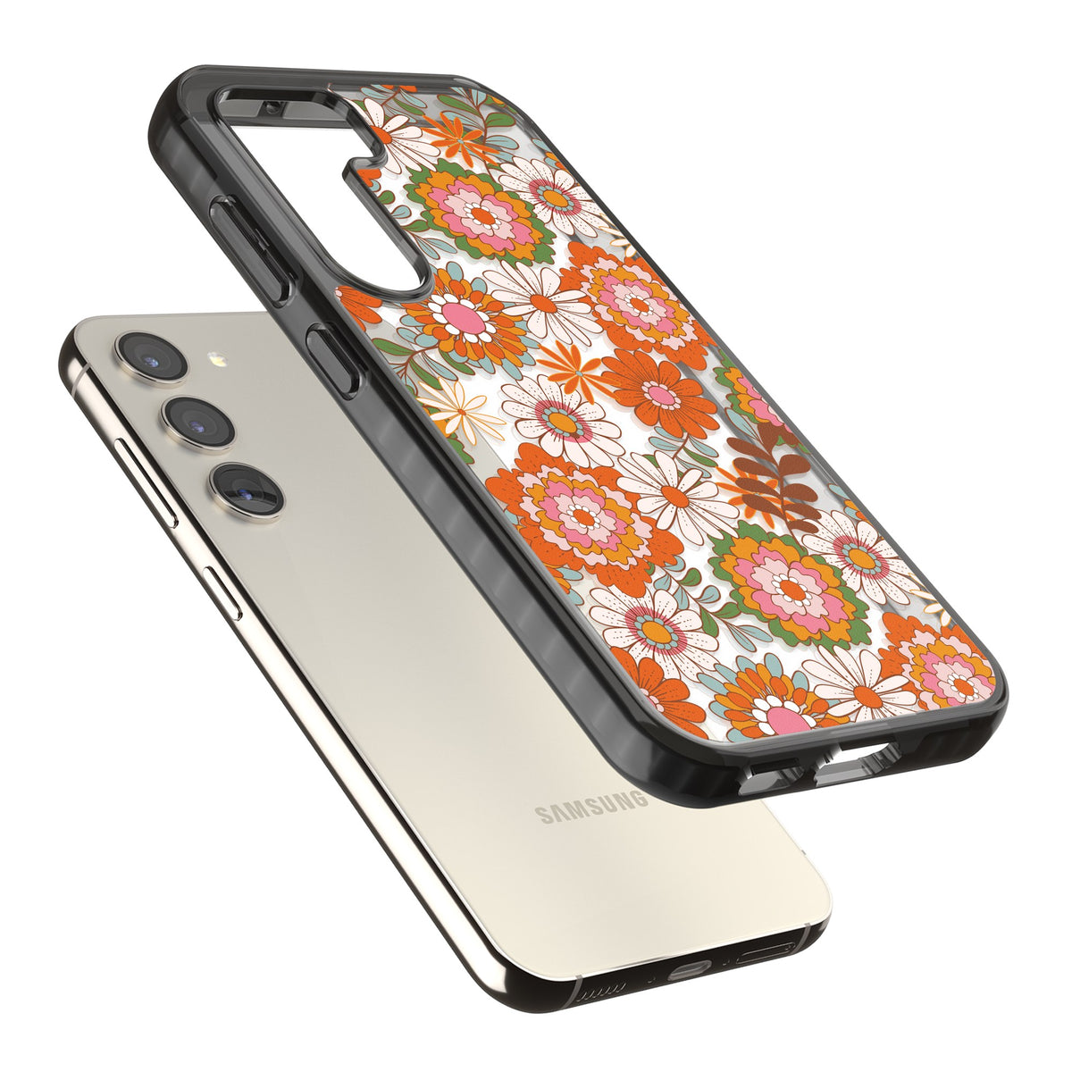 Seventies Bloom Samsung S22 / Samsung S22 Plus / Samsung S23 / Samsung S23 Plus / Samsung S24 / Samsung S24 Plus Impact Black Phone Case angled