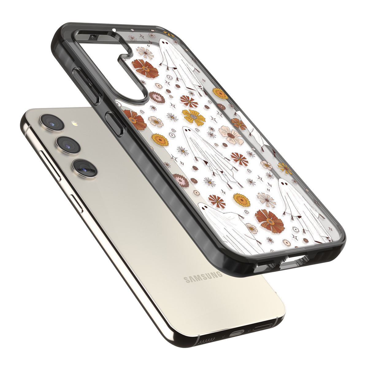Ghosts And Flowers Samsung S22 / Samsung S22 Plus / Samsung S23 / Samsung S23 Plus / Samsung S24 / Samsung S24 Plus Impact Black Phone Case angled