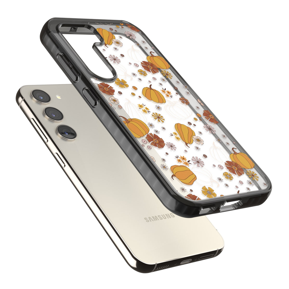 Pumpkins And Flowers Samsung S22 / Samsung S22 Plus / Samsung S23 / Samsung S23 Plus / Samsung S24 / Samsung S24 Plus Impact Black Phone Case angled