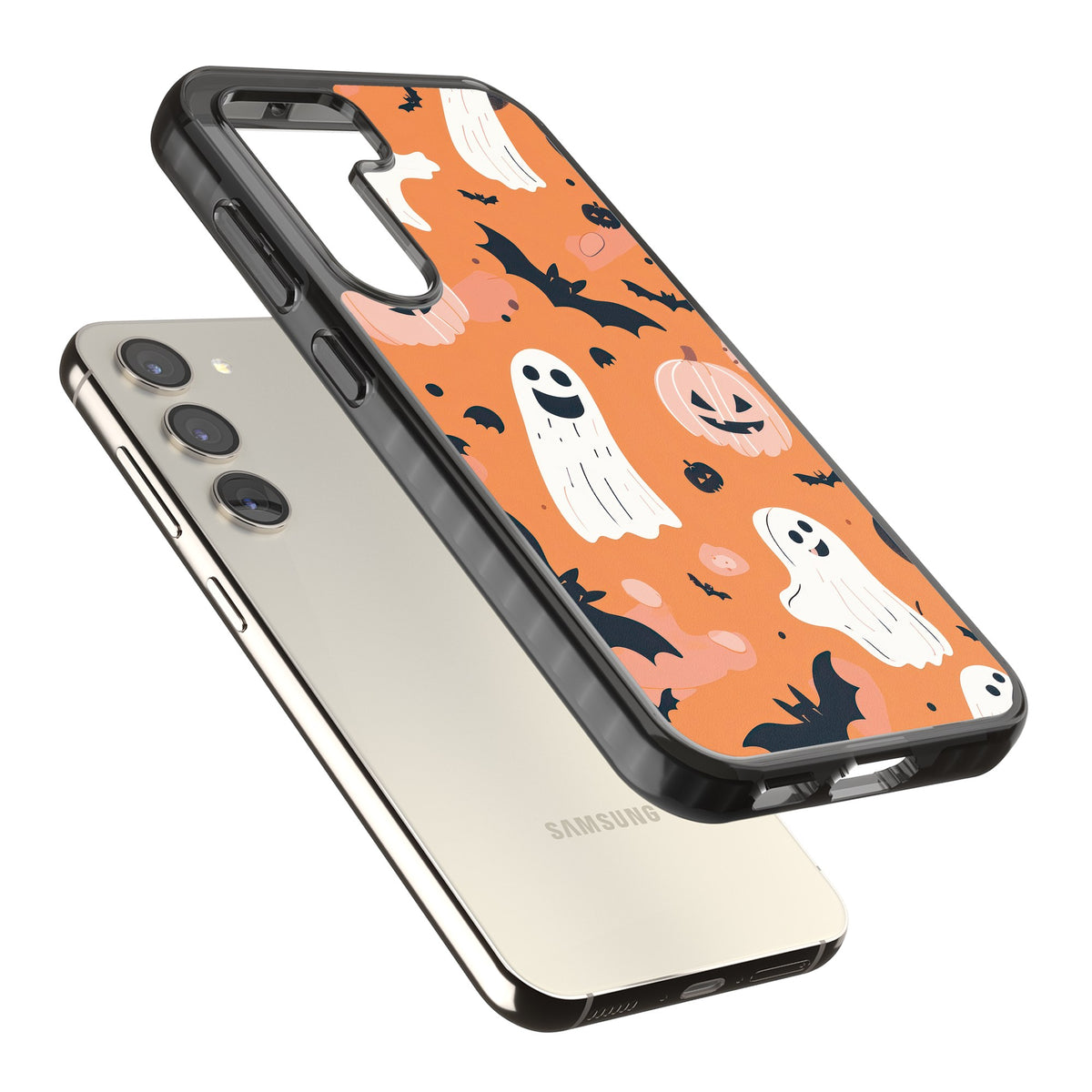 Orange Halloween Pattern Samsung S22 / Samsung S22 Plus / Samsung S23 / Samsung S23 Plus / Samsung S24 / Samsung S24 Plus Impact Black Phone Case angled