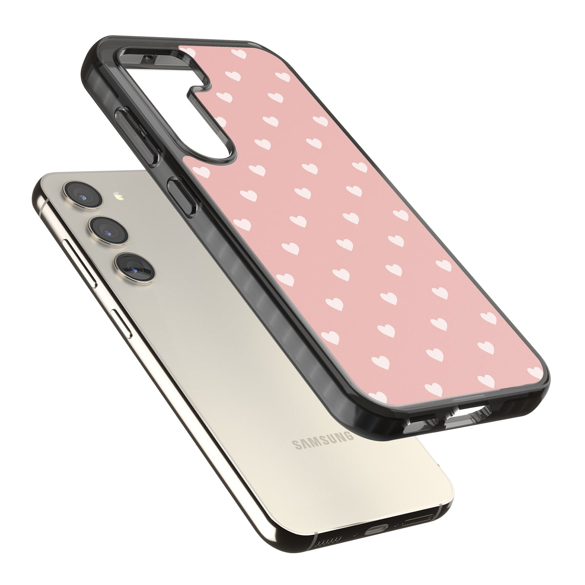 Small Heart Pattern: Pink Samsung S22 / Samsung S22 Plus / Samsung S23 / Samsung S23 Plus / Samsung S24 / Samsung S24 Plus Impact Black Phone Case angled