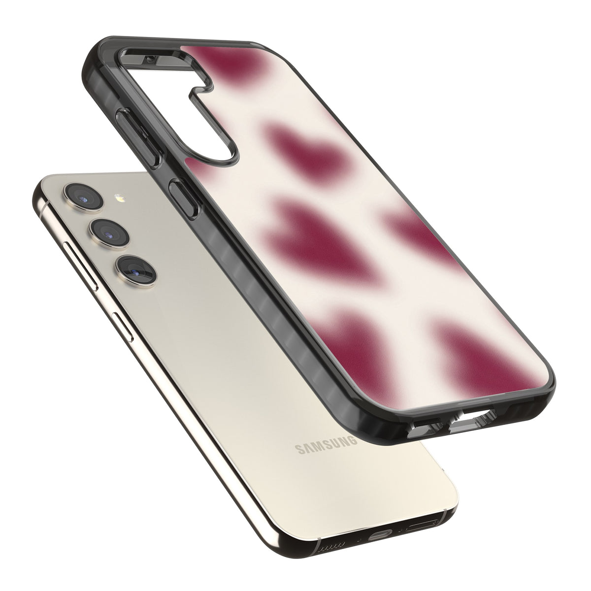 Velvet Hearts coquette iPhone case featuring blurry burgundy aura hearts on a soft cream background Samsung S22 / Samsung S22 Plus / Samsung S23 / Samsung S23 Plus / Samsung S24 / Samsung S24 Plus Impact Black Phone Case angled