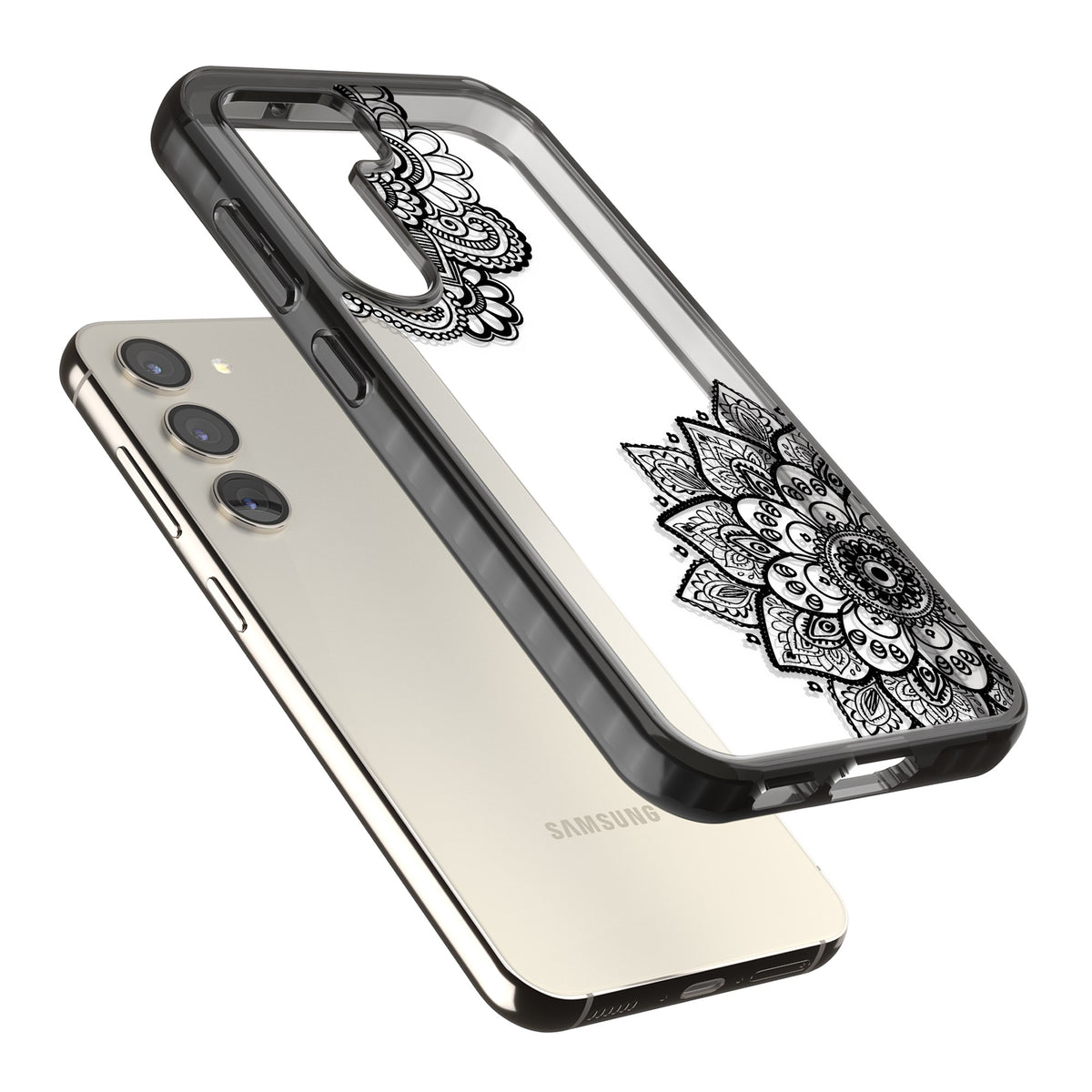 Black Henna Florals Samsung S22 / Samsung S22 Plus / Samsung S23 / Samsung S23 Plus / Samsung S24 / Samsung S24 Plus Impact Black Phone Case angled