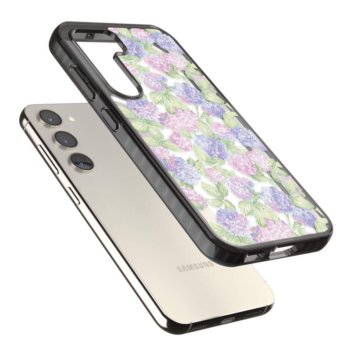 Cottage Hydrangea Samsung S22 / Samsung S22 Plus / Samsung S23 / Samsung S23 Plus / Samsung S24 / Samsung S24 Plus Impact Black Phone Case angled