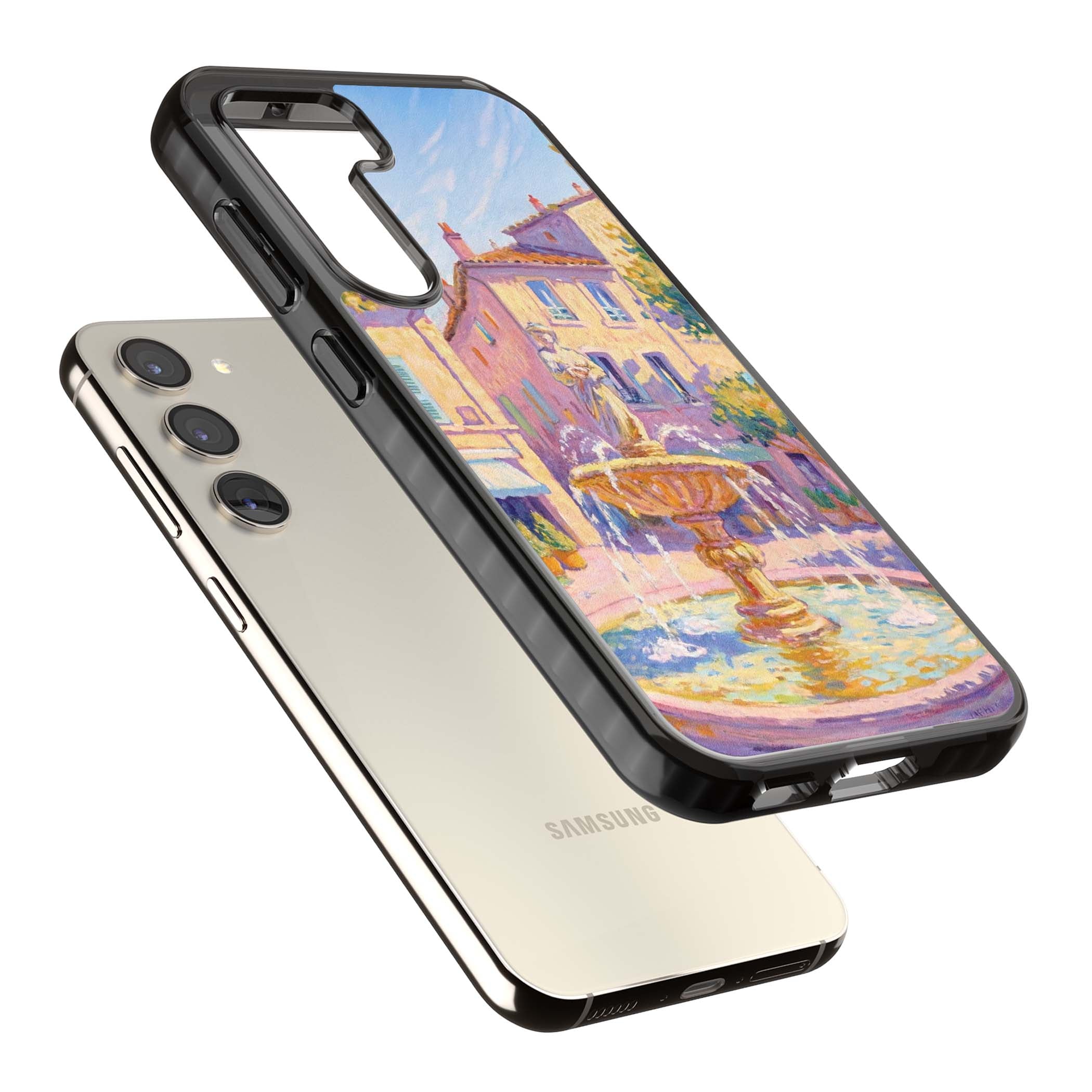 Fountain Square fine art iPhone case featuring an impressionist Provençal fountain, pastel village buildings and summe | Black Impact case for Samsung Galaxy S24, Samsung Galaxy S23, Samsung Galaxy S22
